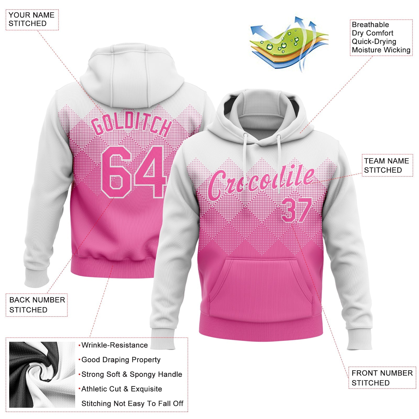 Custom Stitched White Pink 3D Pattern Design Sports Pullover Sweatshirt Hoodie view 2