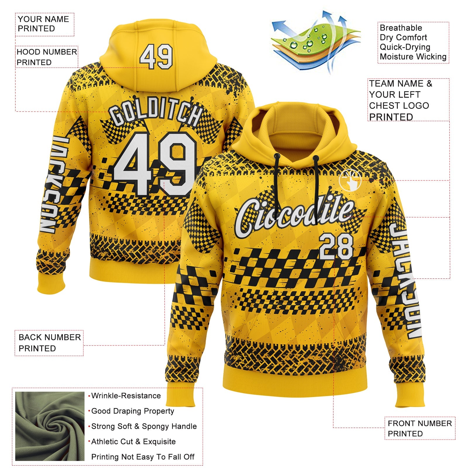 Custom Yellow White-Black 3D Pattern Design Formula Auto Car Racing Motorsport Sports Pullover Sweatshirt Hoodie view 2