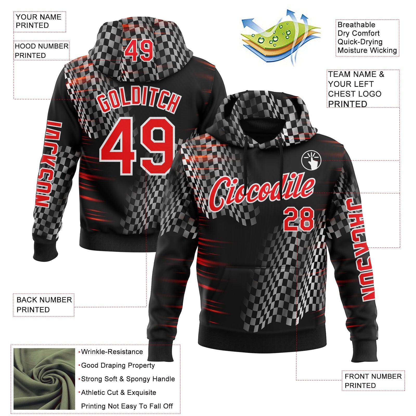 Custom Black Fire Red-White 3D Pattern Design Formula Auto Car Racing Motorsport Sports Pullover Sweatshirt Hoodie view 2