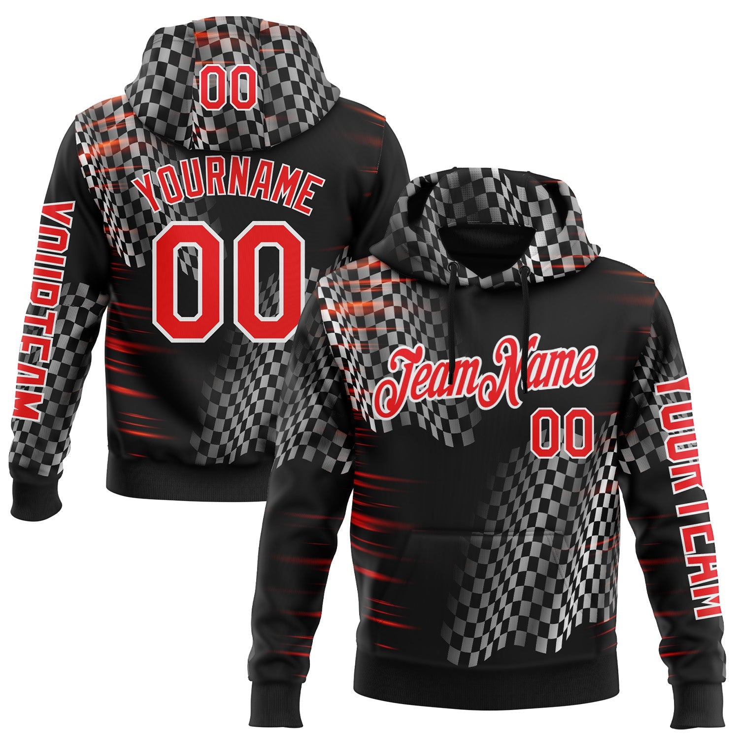 Custom Black Fire Red-White 3D Pattern Design Formula Auto Car Racing Motorsport Sports Pullover Sweatshirt Hoodie - Main View