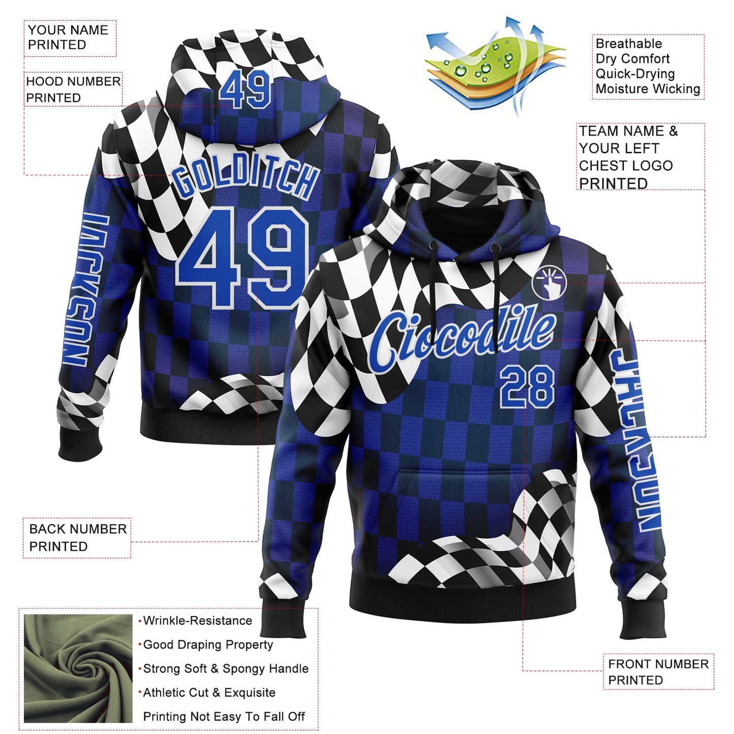 Custom Black Thunder Blue-White 3D Pattern Design Formula Auto Car Racing Motorsport Sports Pullover Sweatshirt Hoodie view 2