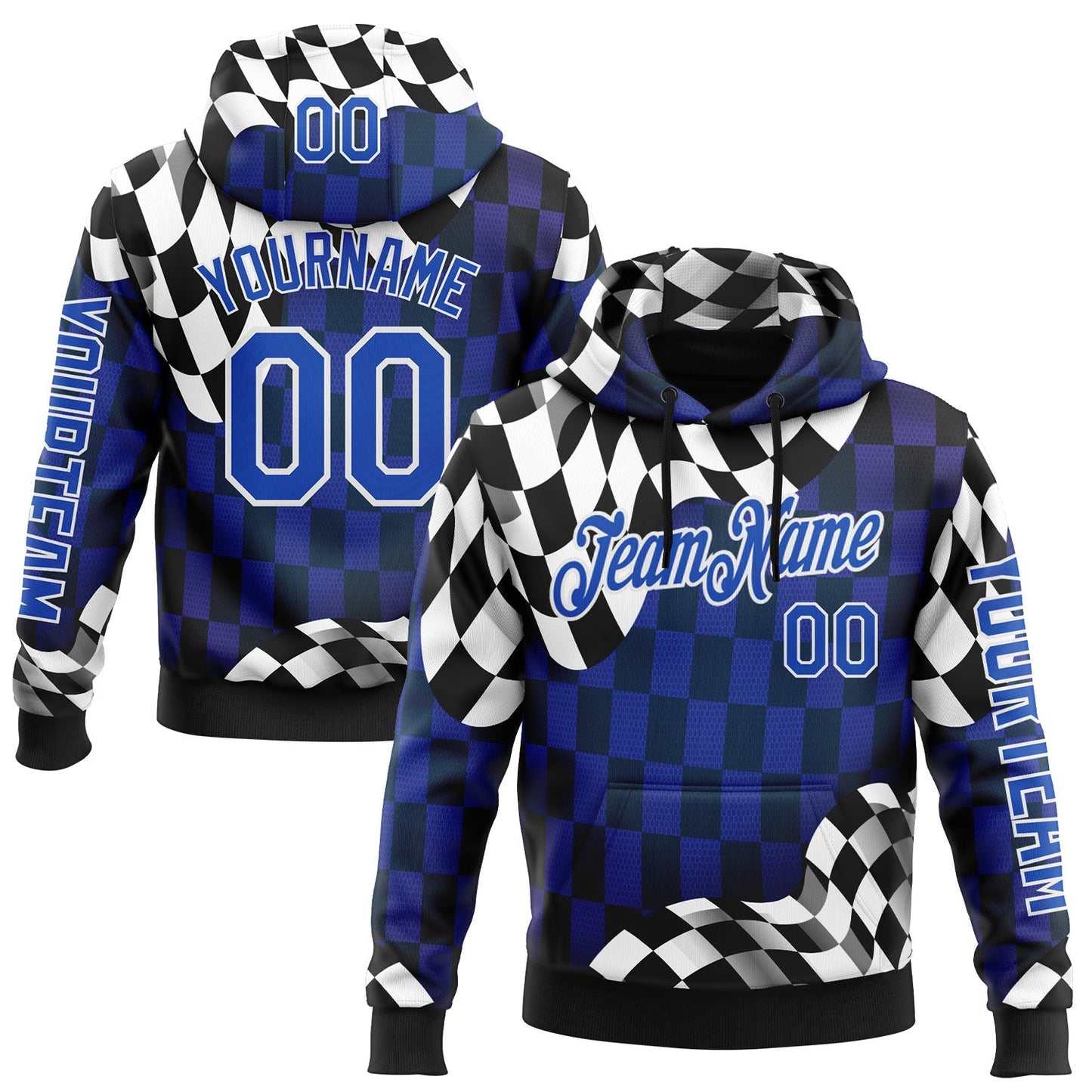Custom Black Thunder Blue-White 3D Pattern Design Formula Auto Car Racing Motorsport Sports Pullover Sweatshirt Hoodie - Main View