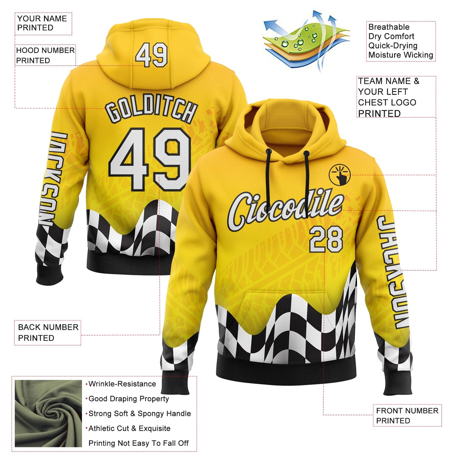 Custom Yellow White-Black 3D Pattern Design Formula Auto Car Racing Motorsport Sports Pullover Sweatshirt Hoodie view 2