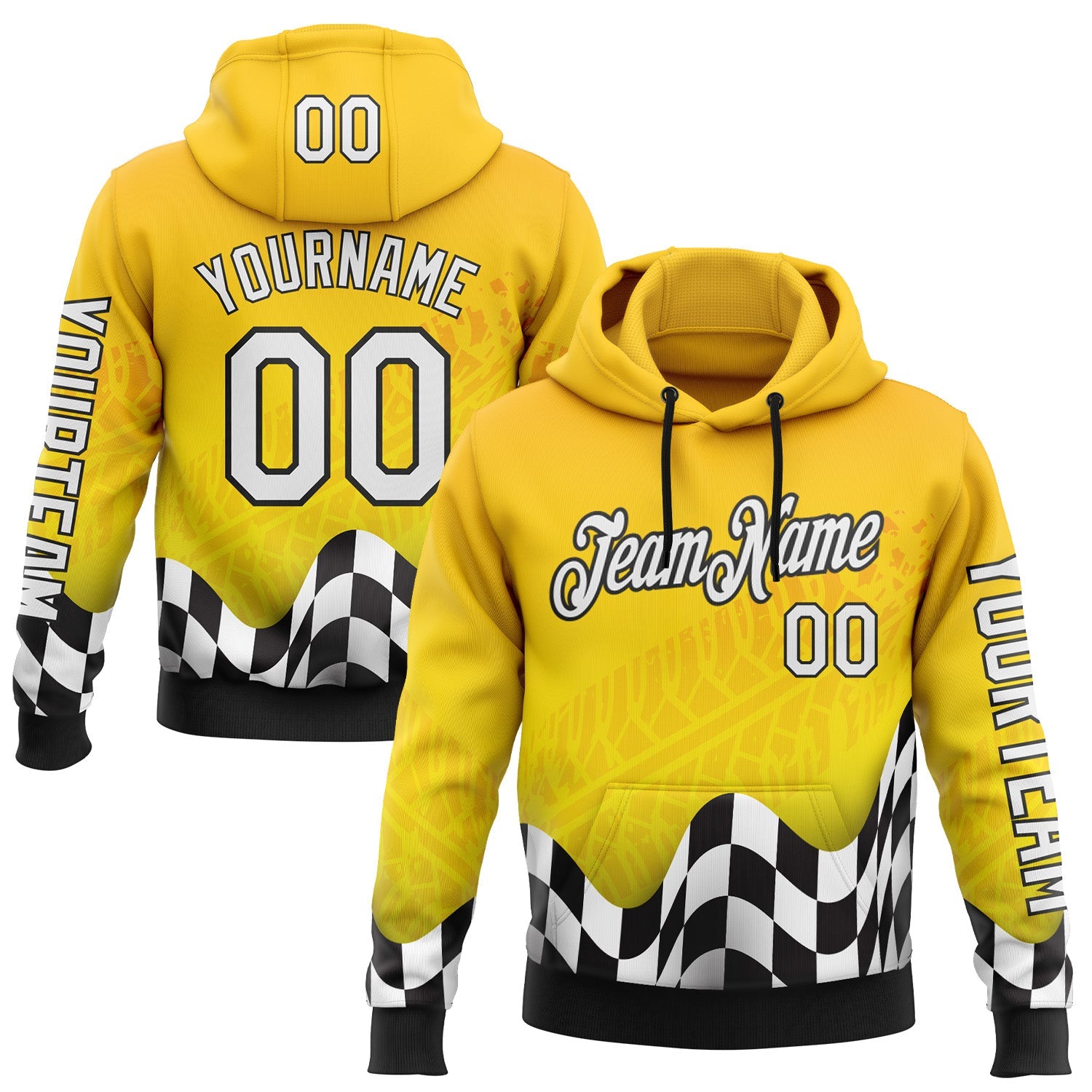 Custom Yellow White-Black 3D Pattern Design Formula Auto Car Racing Motorsport Sports Pullover Sweatshirt Hoodie - Main View