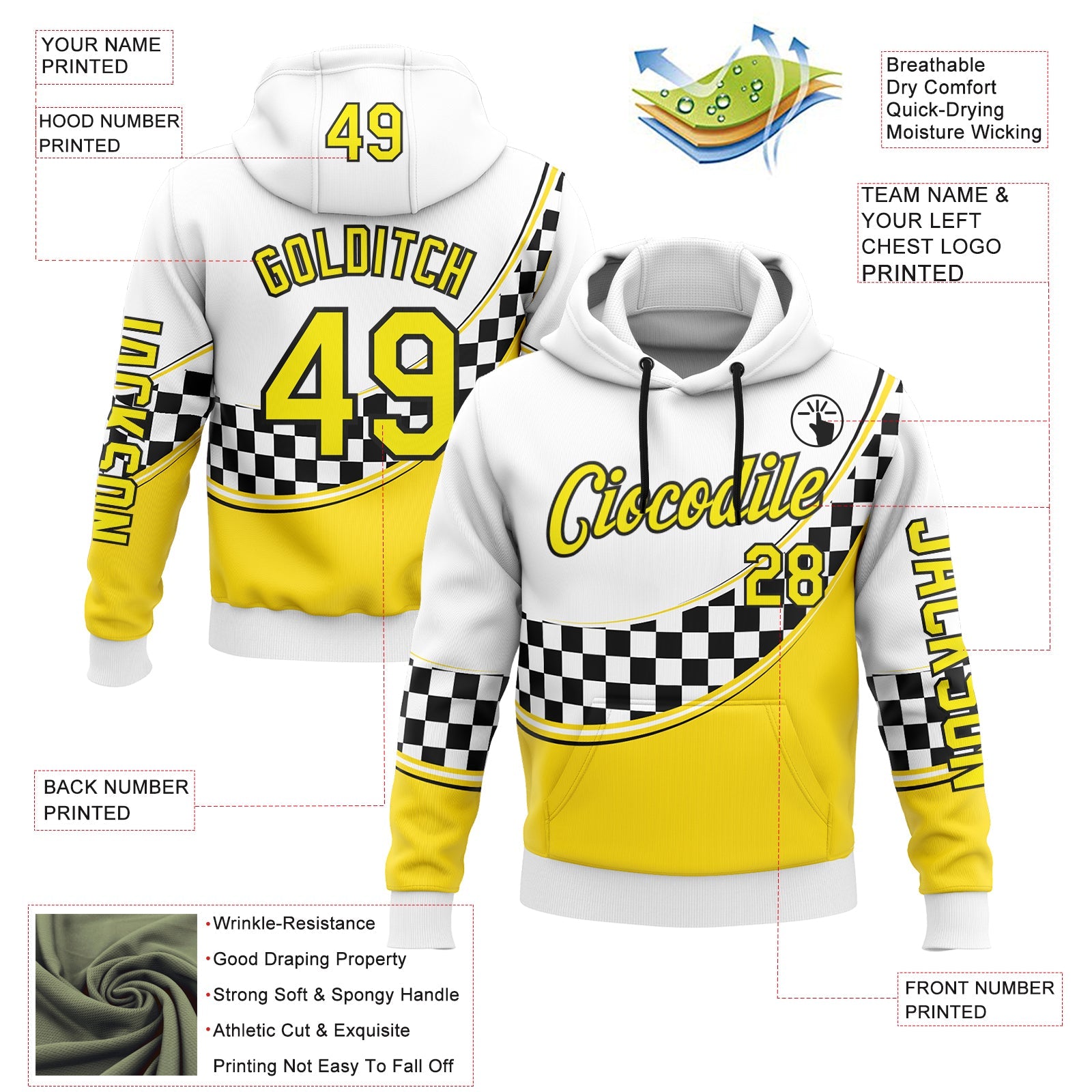 Custom White Light Yellow-Black 3D Pattern Design Formula Auto Car Racing Motorsport Sports Pullover Sweatshirt Hoodie view 2