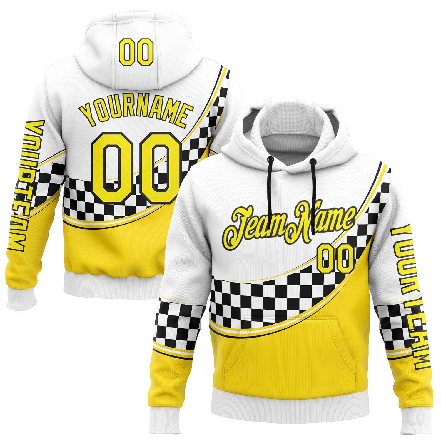 Custom White Light Yellow-Black 3D Pattern Design Formula Auto Car Racing Motorsport Sports Pullover Sweatshirt Hoodie - Main View