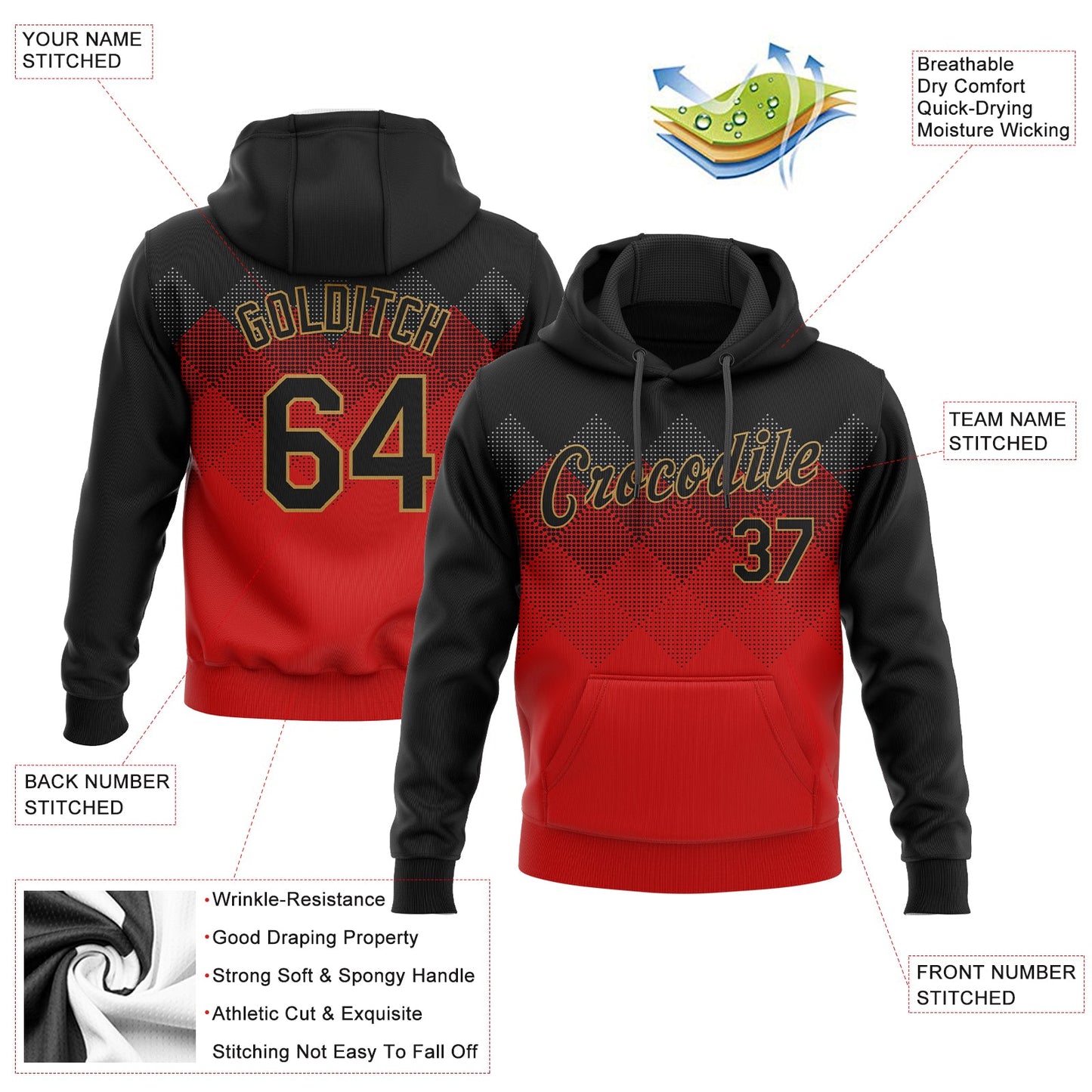 Custom Stitched Red Black-Old Gold 3D Pattern Design Sports Pullover Sweatshirt Hoodie view 2