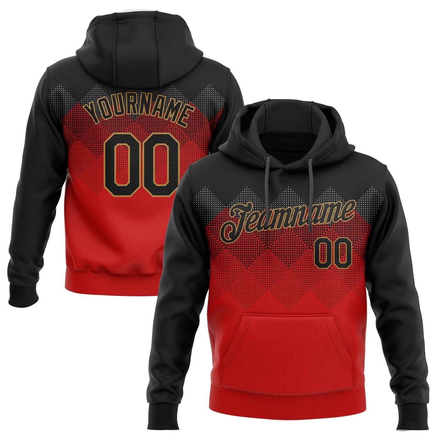 Custom Stitched Red Black-Old Gold 3D Pattern Design Sports Pullover Sweatshirt Hoodie - Main View