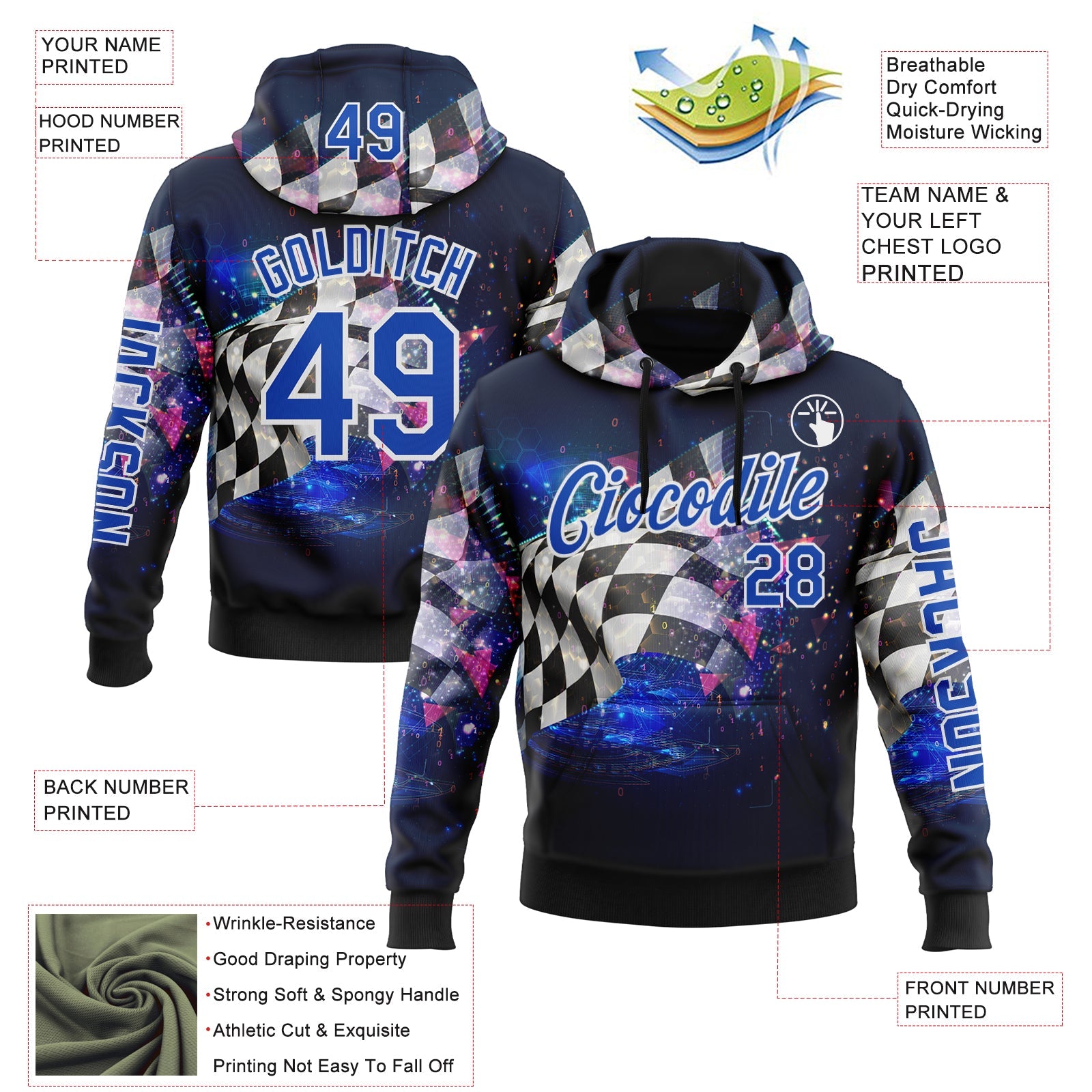 Custom Black Thunder Blue-White 3D Pattern Design Formula Auto Car Racing Motorsport Sports Pullover Sweatshirt Hoodie view 2