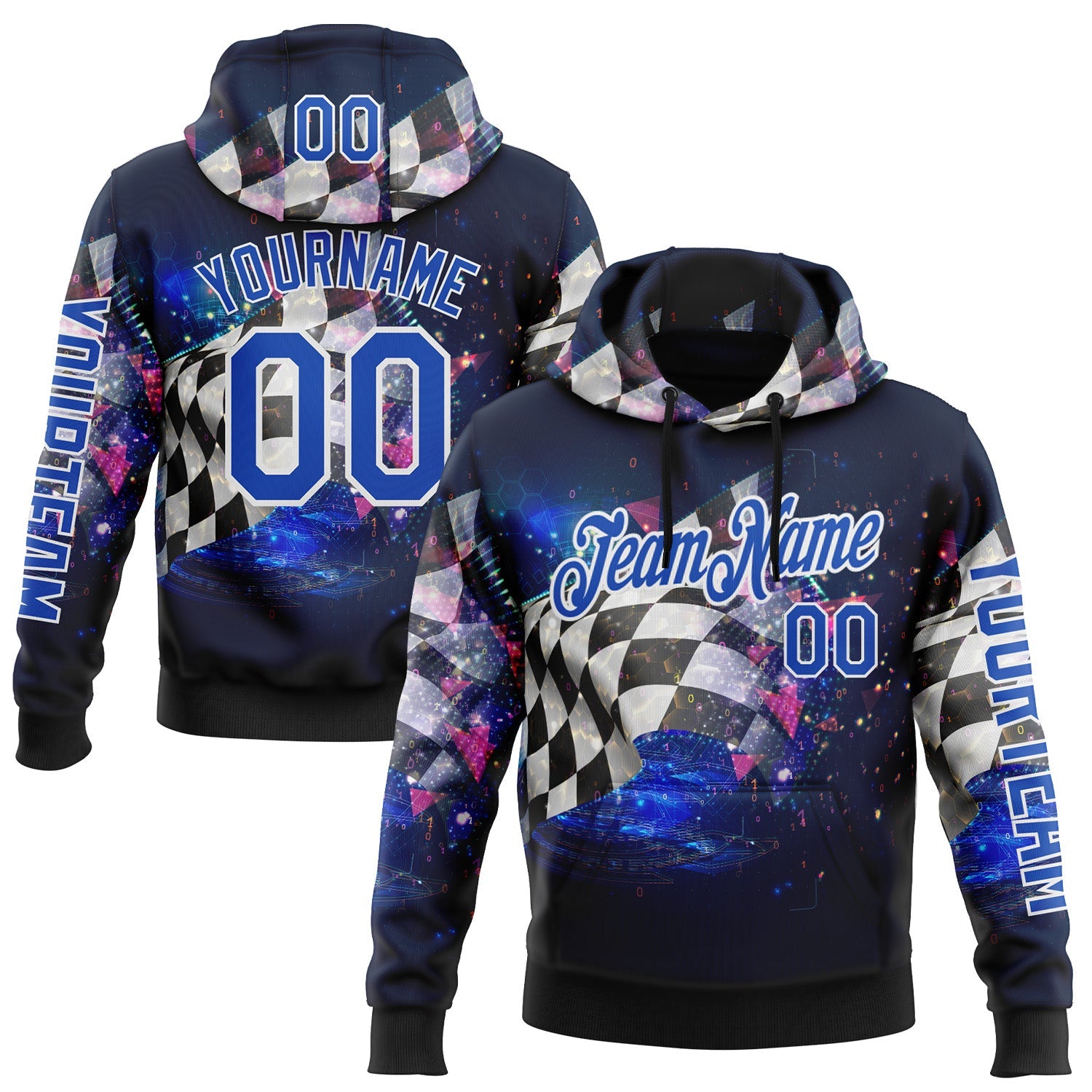 Custom Black Thunder Blue-White 3D Pattern Design Formula Auto Car Racing Motorsport Sports Pullover Sweatshirt Hoodie - Main View