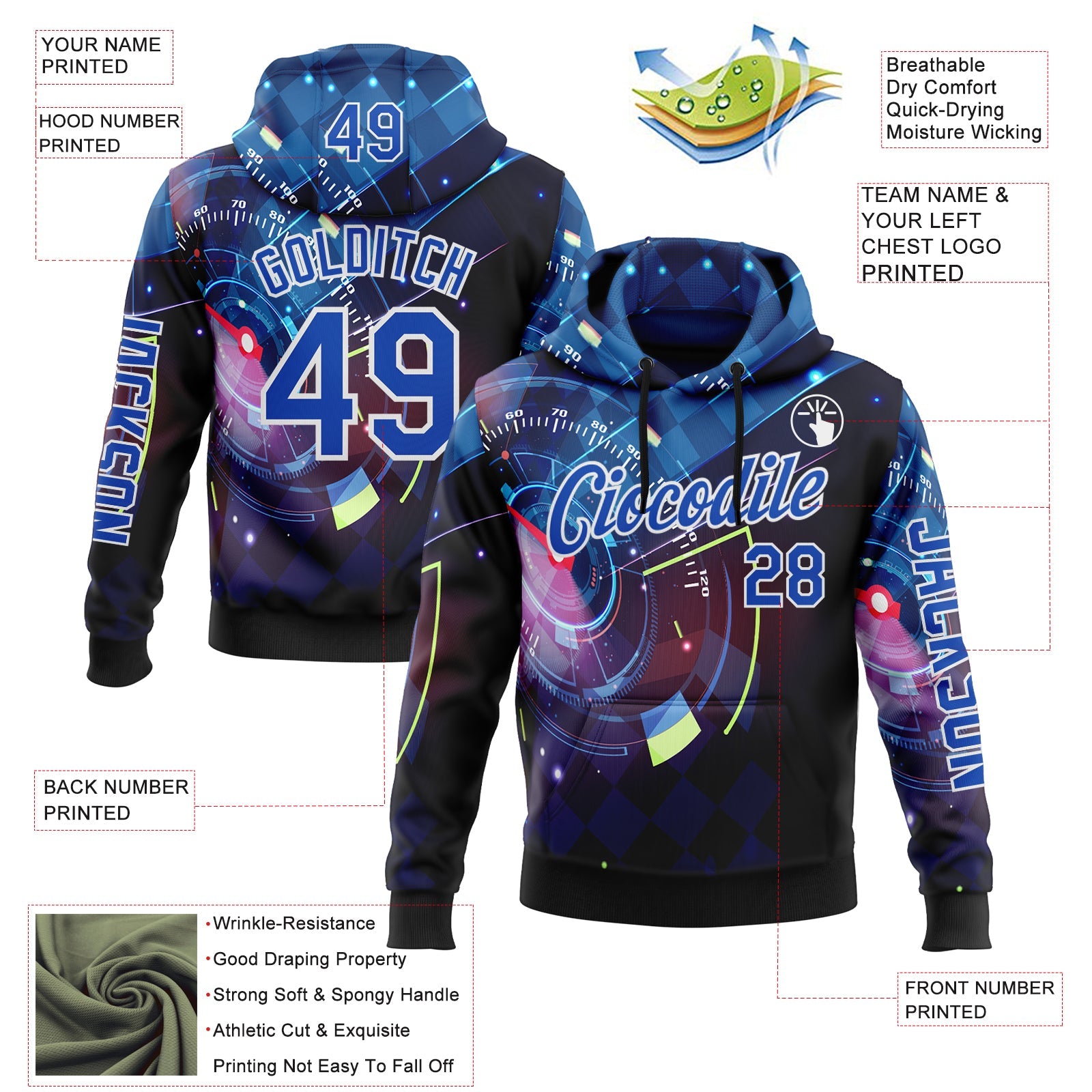 Custom Black Thunder Blue-White 3D Pattern Design Formula Auto Car Racing Motorsport Sports Pullover Sweatshirt Hoodie view 2