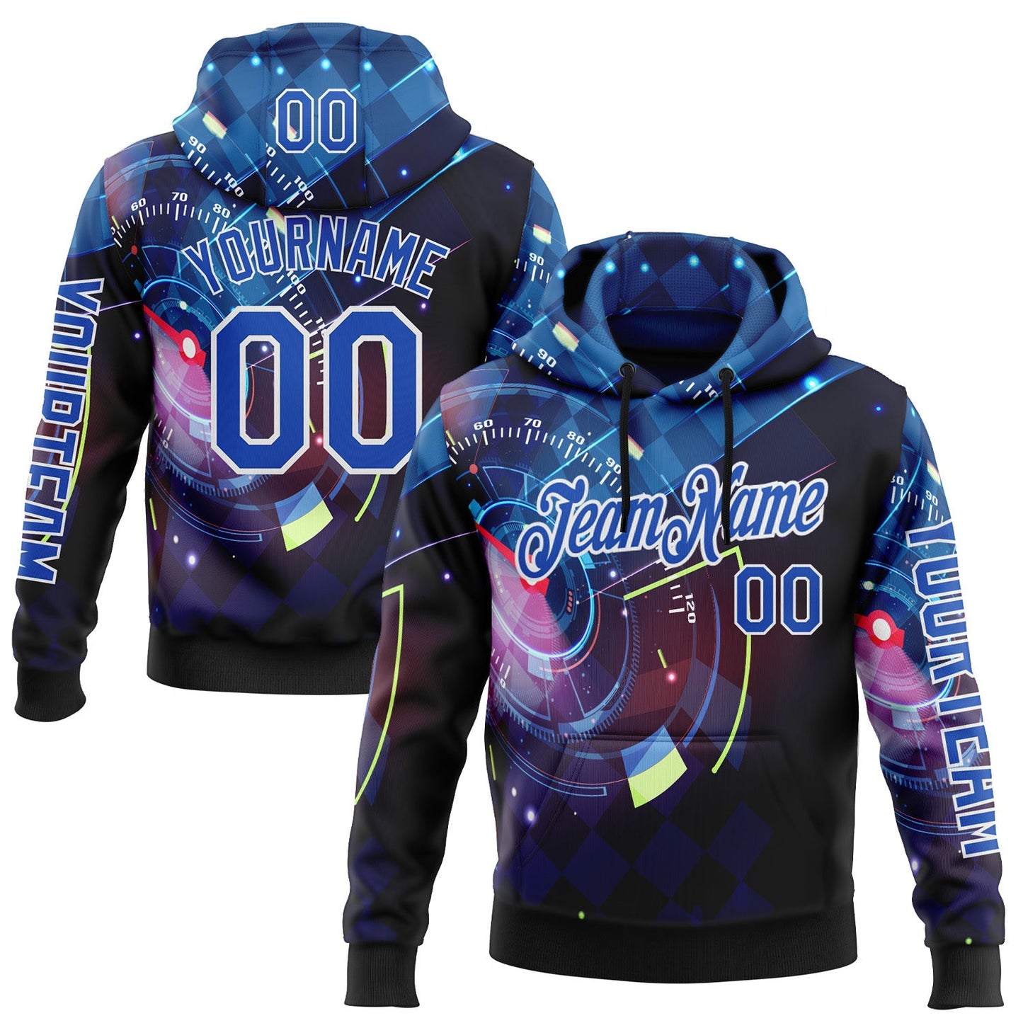 Custom Black Thunder Blue-White 3D Pattern Design Formula Auto Car Racing Motorsport Sports Pullover Sweatshirt Hoodie - Main View