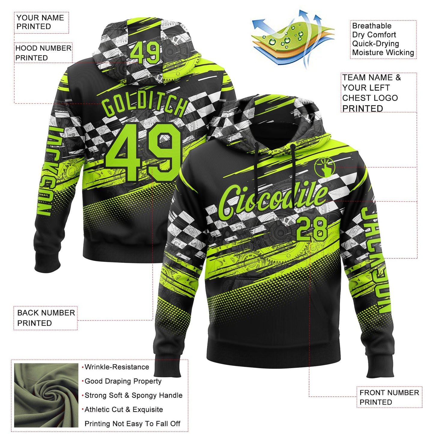 Custom Black Neon Green-White 3D Pattern Design Formula Auto Car Racing Motorsport Sports Pullover Sweatshirt Hoodie view 2