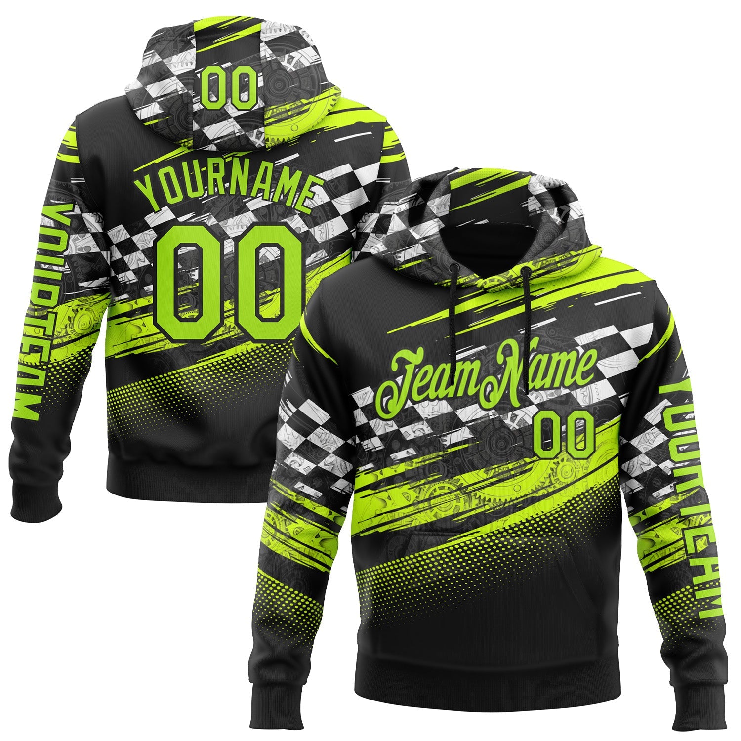Custom Black Neon Green-White 3D Pattern Design Formula Auto Car Racing Motorsport Sports Pullover Sweatshirt Hoodie - Main View