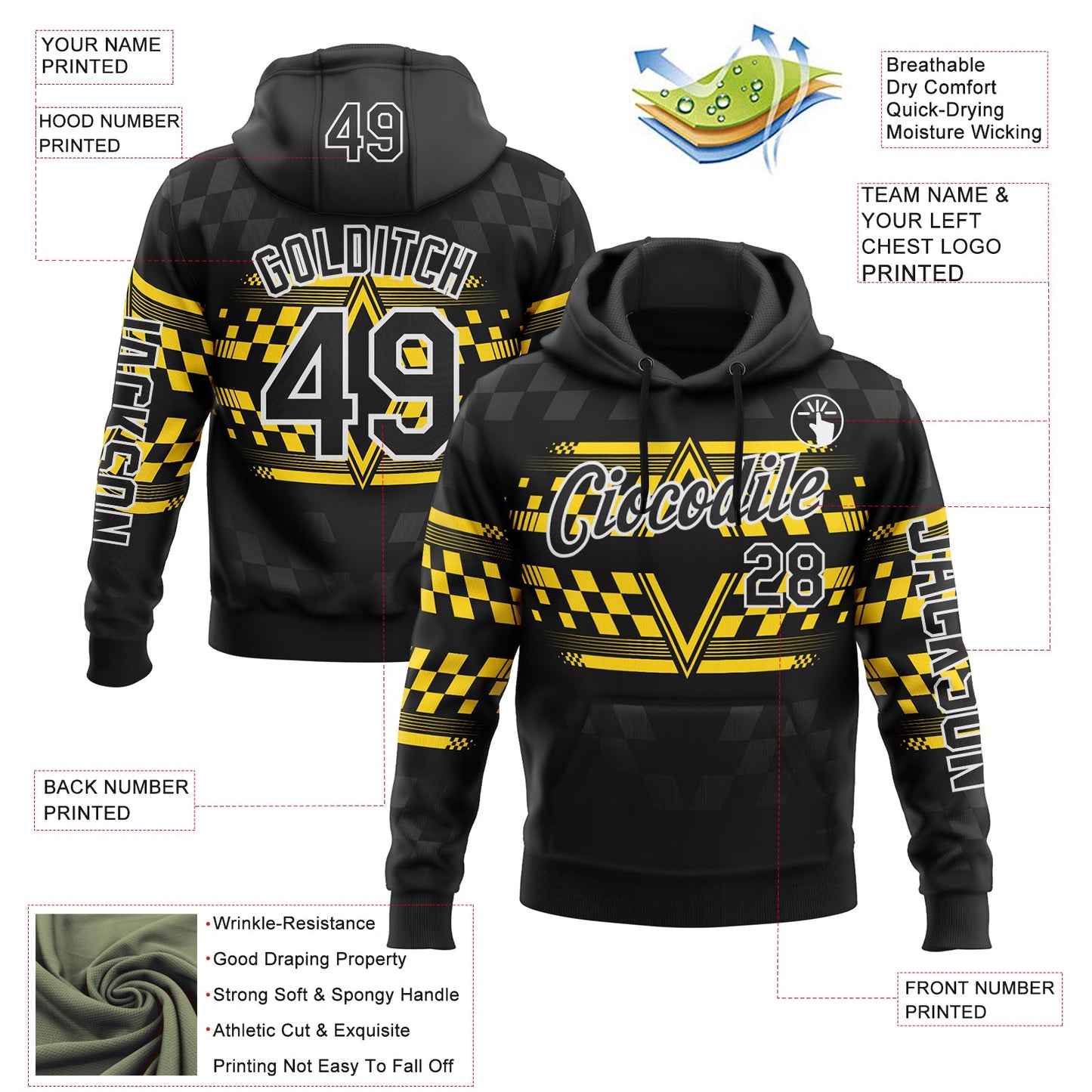 Custom Black Yellow-White 3D Pattern Design Formula Auto Car Racing Motorsport Sports Pullover Sweatshirt Hoodie view 2