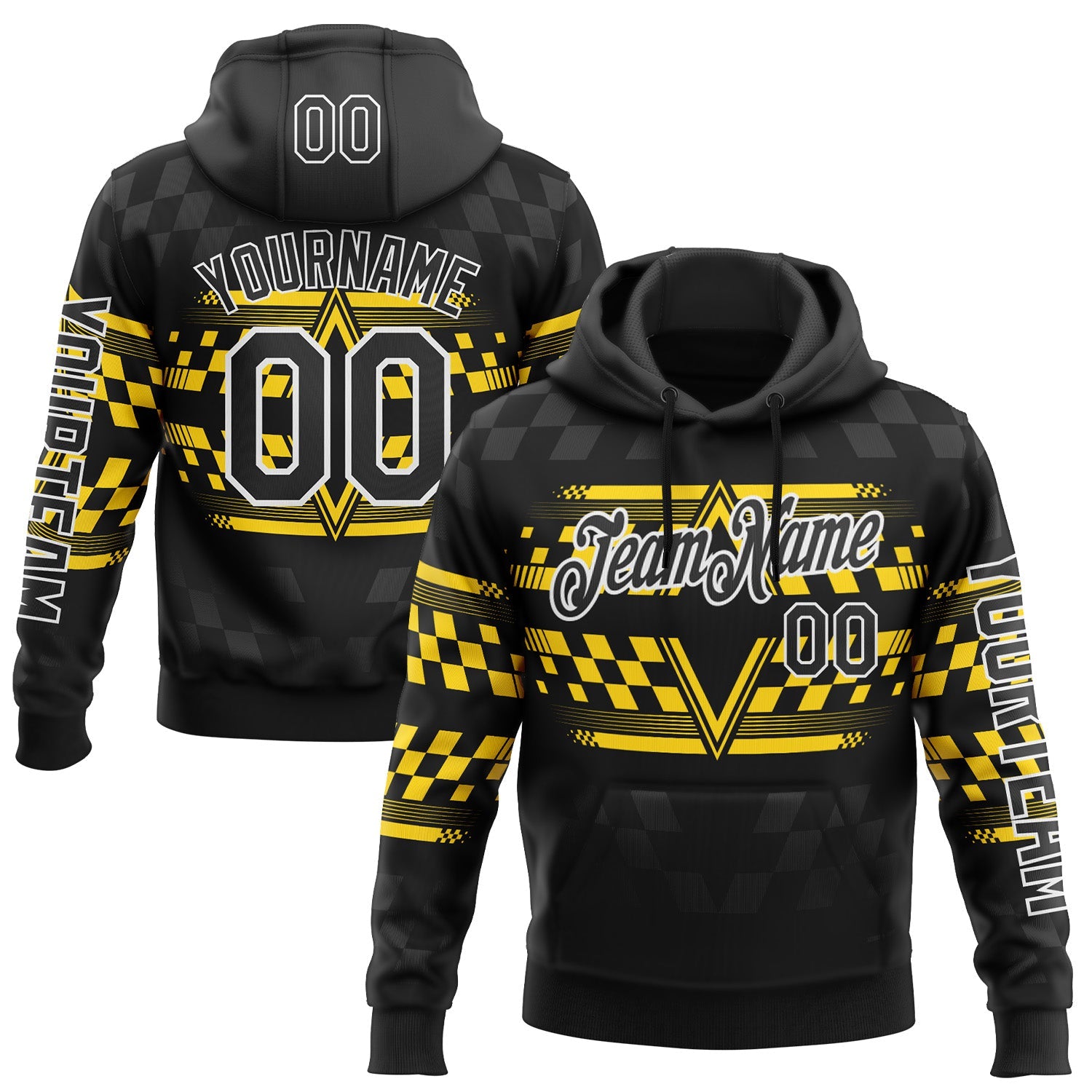 Custom Black Yellow-White 3D Pattern Design Formula Auto Car Racing Motorsport Sports Pullover Sweatshirt Hoodie - Main View