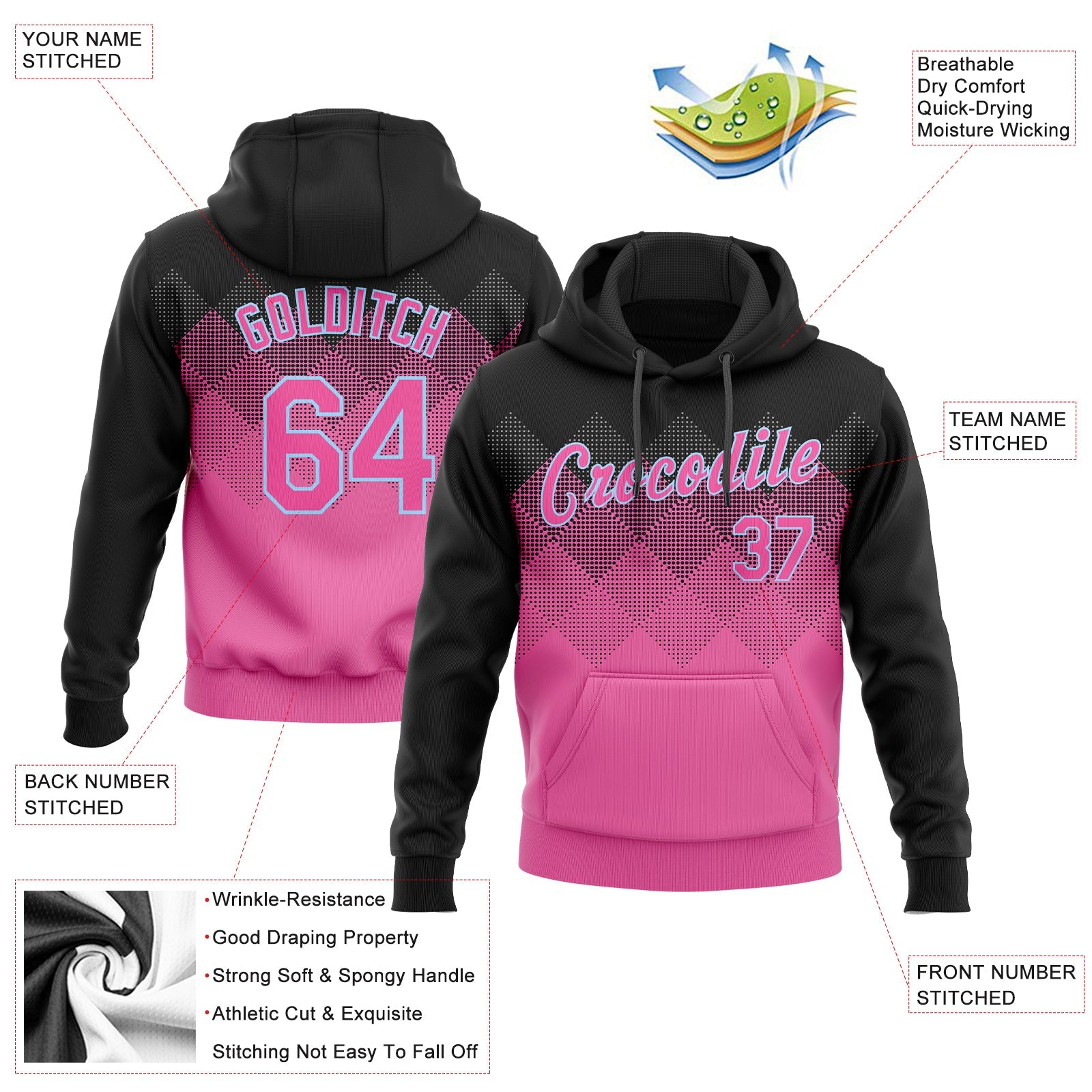 Custom Stitched Pink Pink Black-Light Blue 3D Pattern Design Sports Pullover Sweatshirt Hoodie view 2