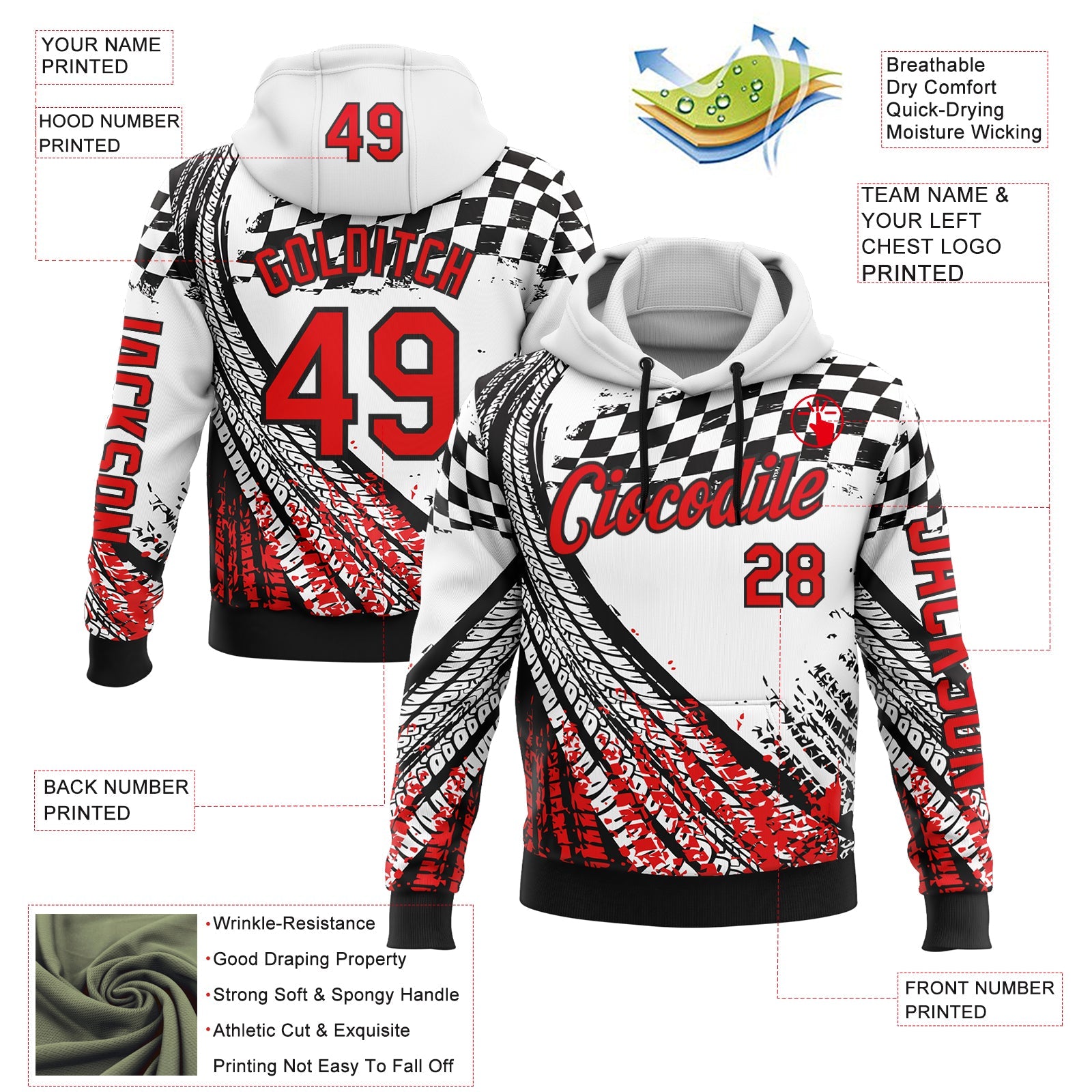 Custom White Fire Red-Black 3D Pattern Design Formula Auto Car Racing Motorsport Sports Pullover Sweatshirt Hoodie view 2