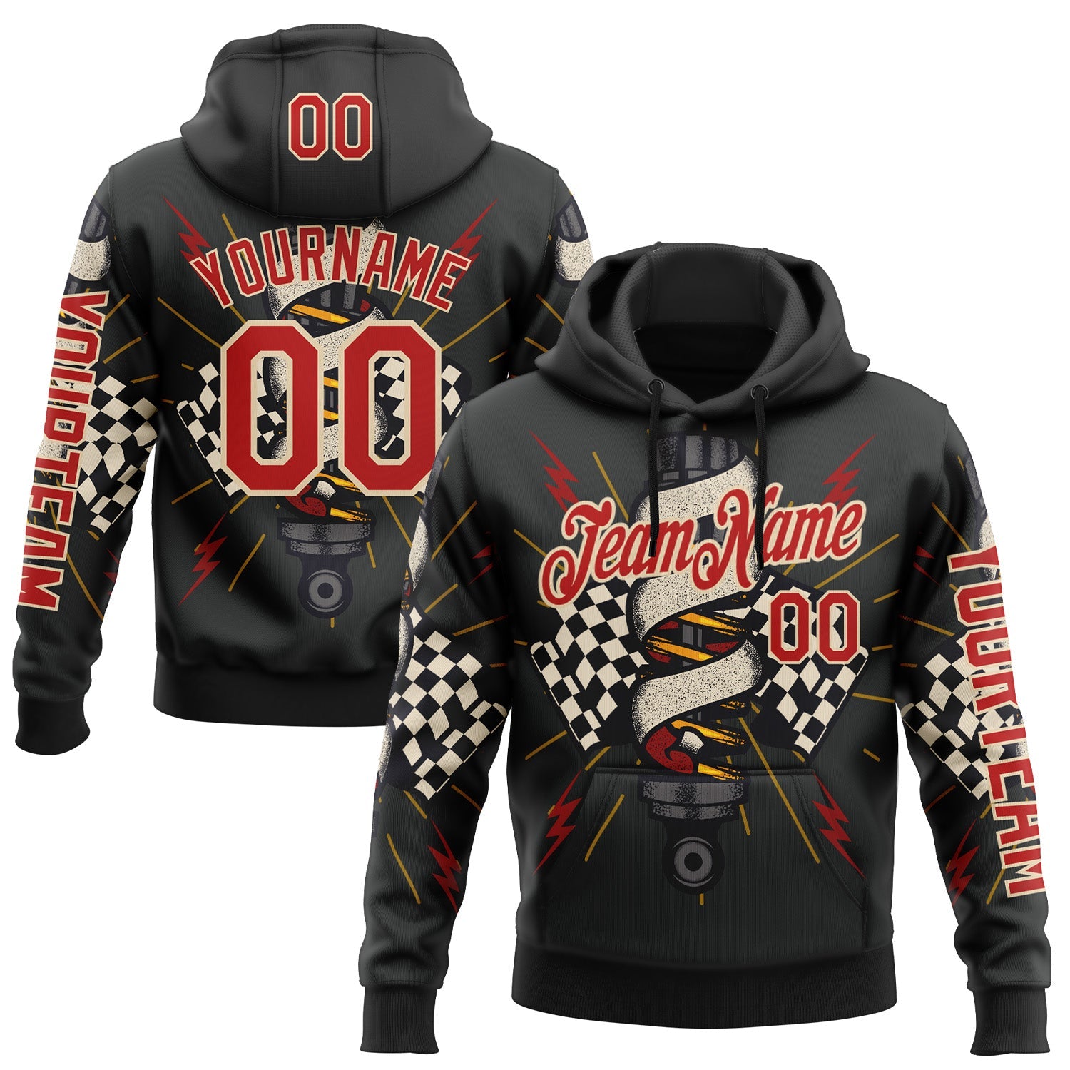 Custom White Fire Red City Cream-Yellow 3D Pattern Design Formula Auto Car Racing Motorsport Sports Pullover Sweatshirt Hoodie - Main View