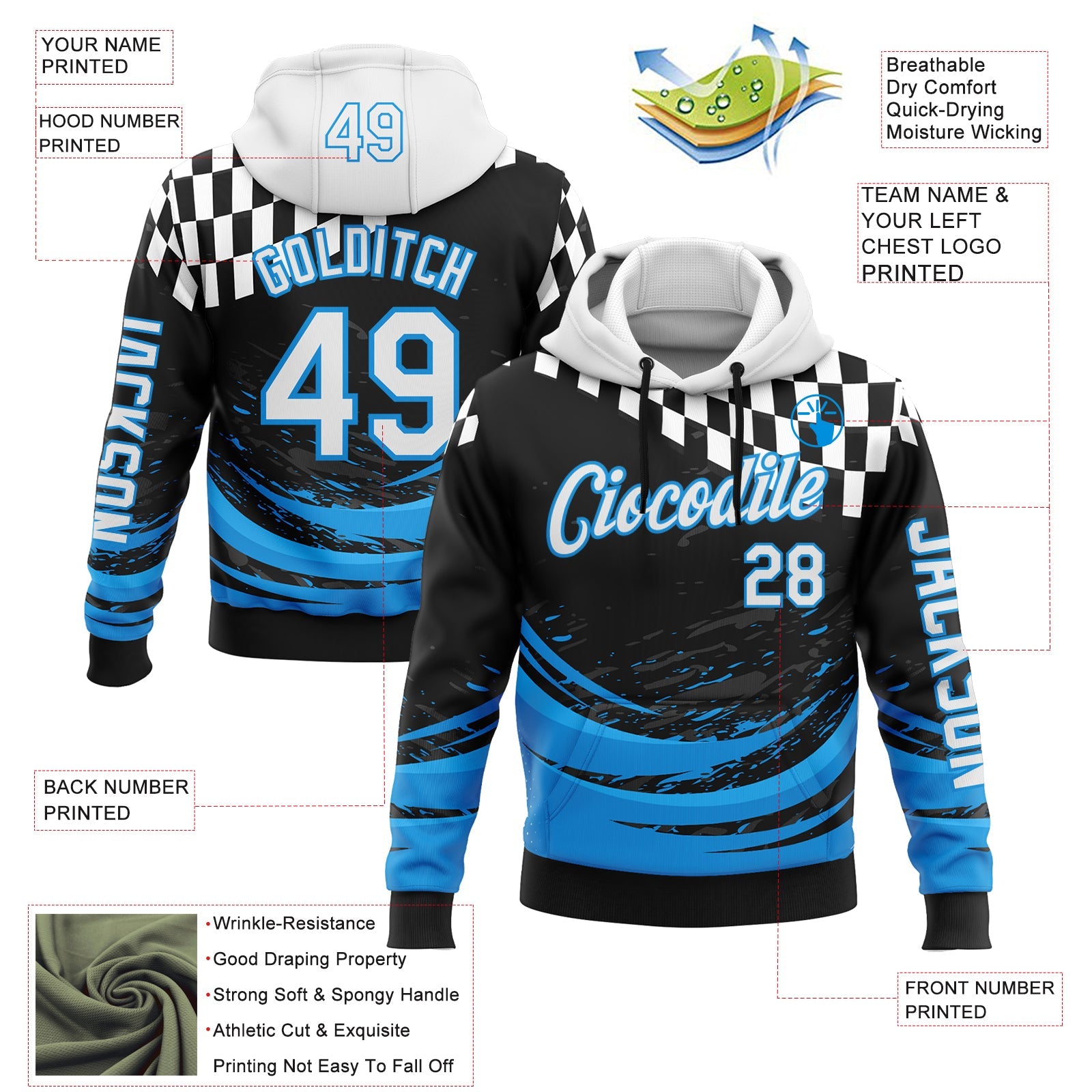 Custom Black White-Blue 3D Pattern Design Formula Auto Car Racing Motorsport Sports Pullover Sweatshirt Hoodie view 2