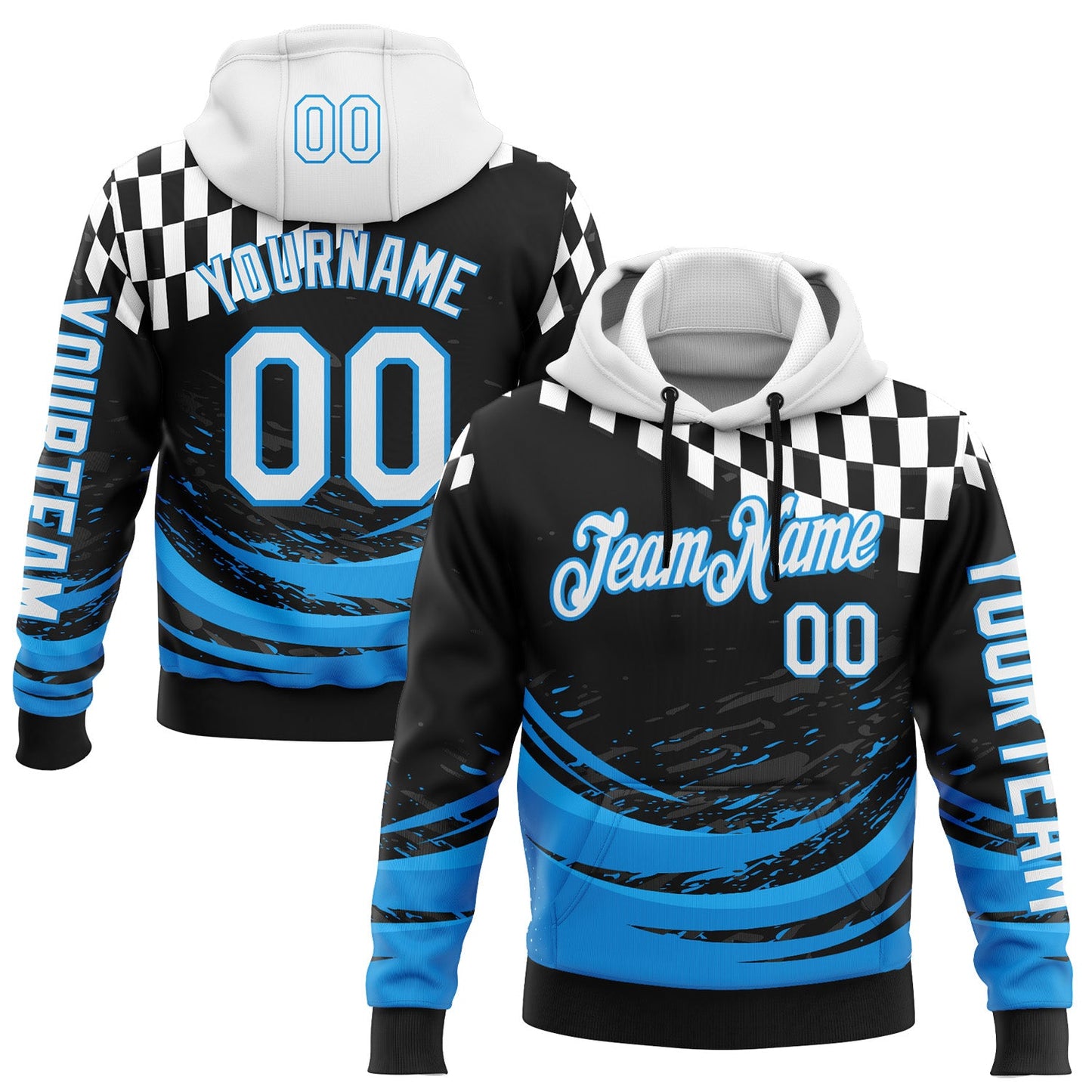 Custom Black White-Blue 3D Pattern Design Formula Auto Car Racing Motorsport Sports Pullover Sweatshirt Hoodie - Main View