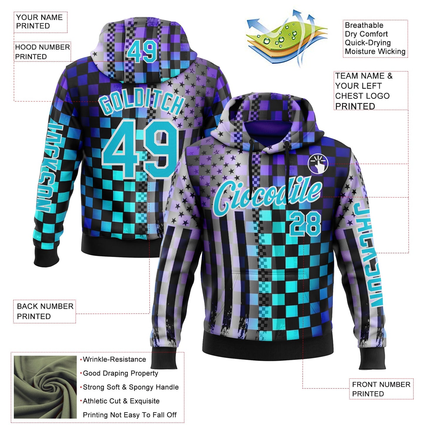 Custom Black Lakes Blue Purple-White 3D Pattern Design Formula Auto Car Racing Motorsport Sports Pullover Sweatshirt Hoodie view 2