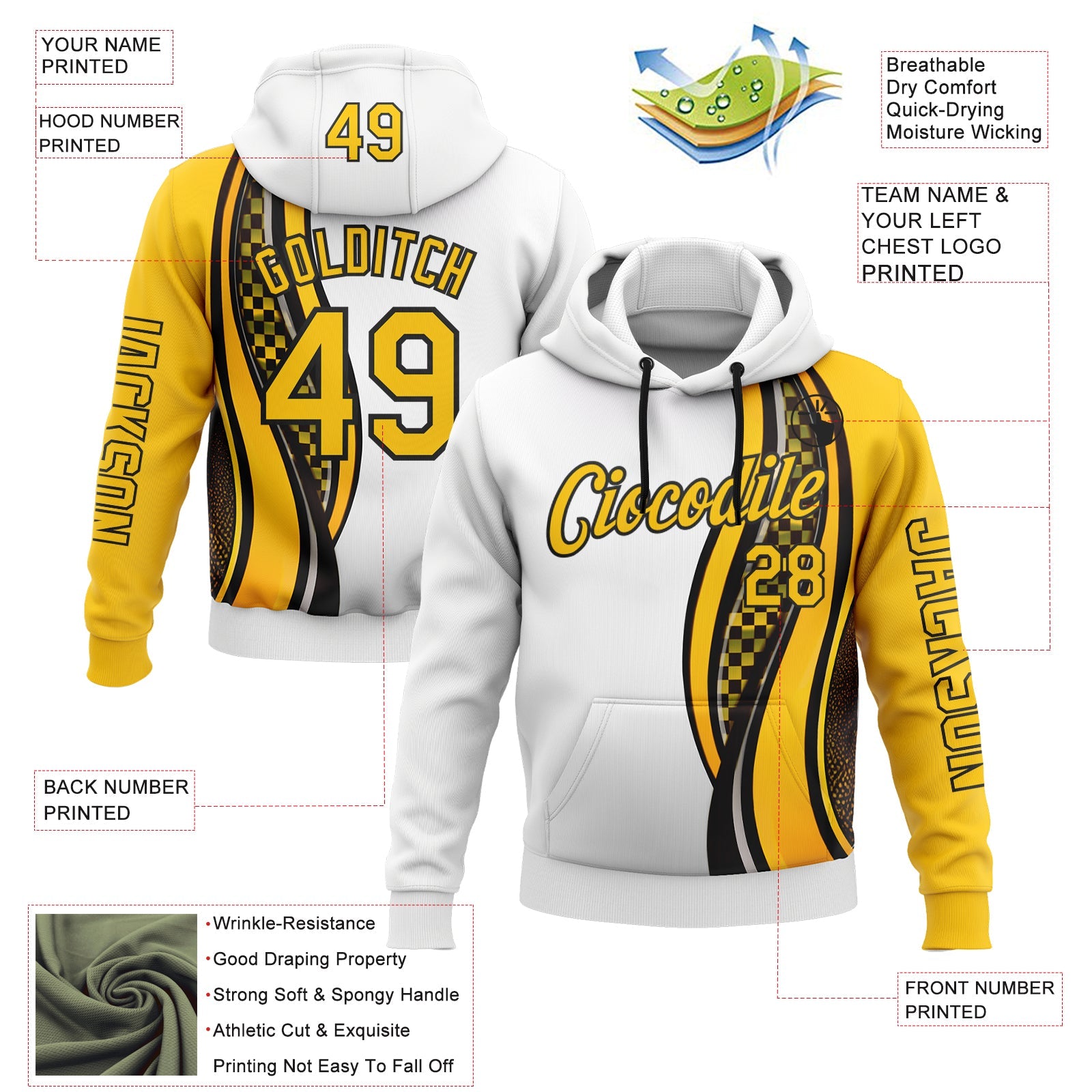 Custom White Yellow-Black 3D Pattern Design Formula Auto Car Racing Motorsport Sports Pullover Sweatshirt Hoodie view 2
