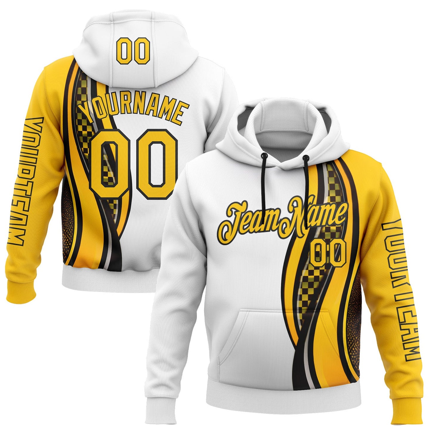 Custom White Yellow-Black 3D Pattern Design Formula Auto Car Racing Motorsport Sports Pullover Sweatshirt Hoodie - Main View