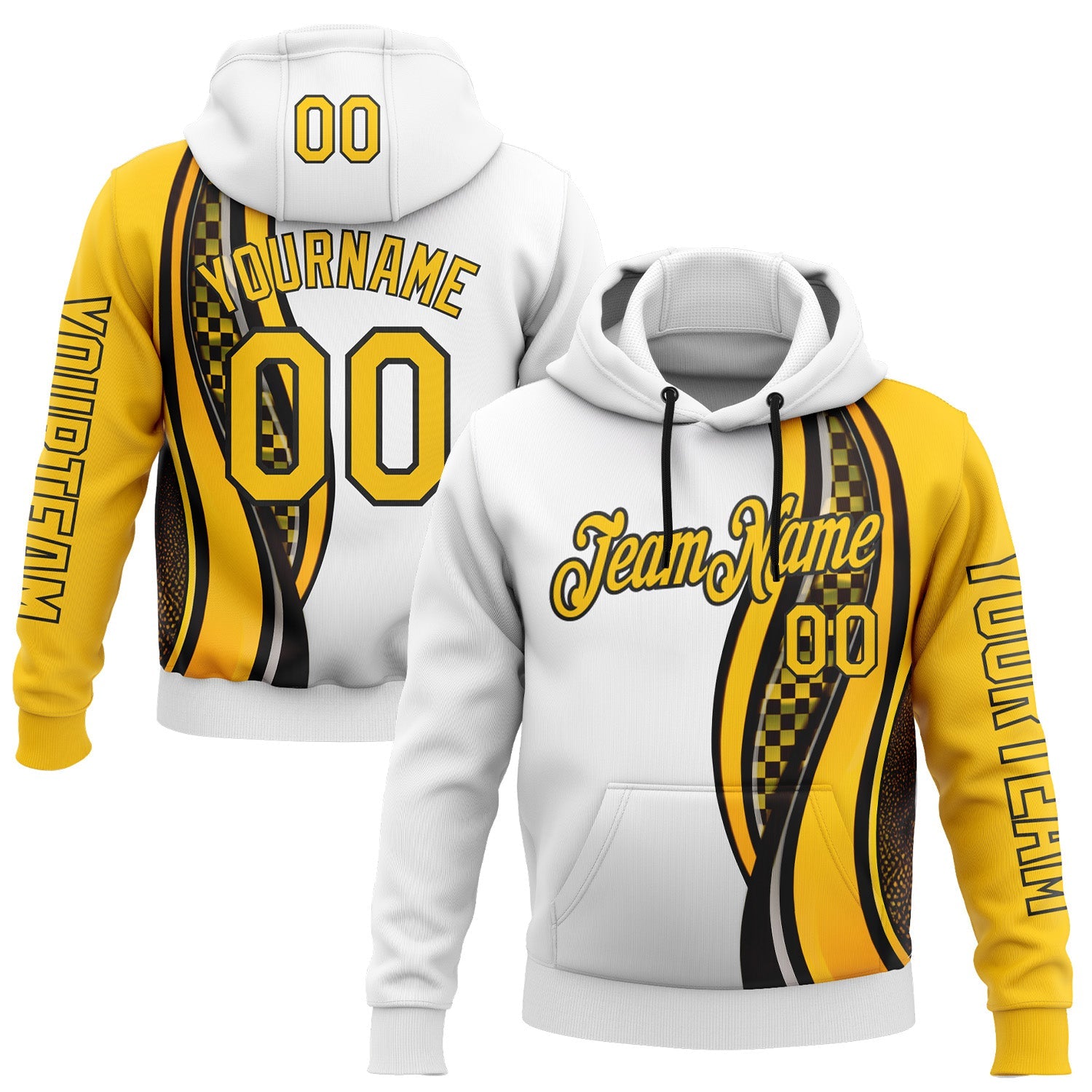 Custom White Yellow-Black 3D Pattern Design Formula Auto Car Racing Motorsport Sports Pullover Sweatshirt Hoodie - Main View