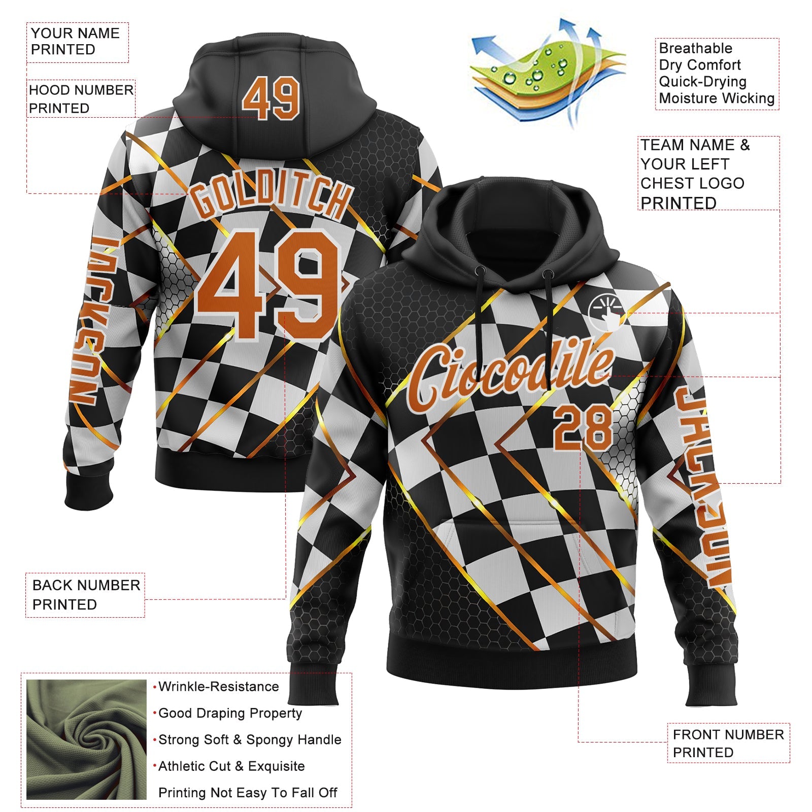 Custom Black Texas Orange Yellow-White 3D Pattern Design Formula Auto Car Racing Motorsport Sports Pullover Sweatshirt Hoodie view 2