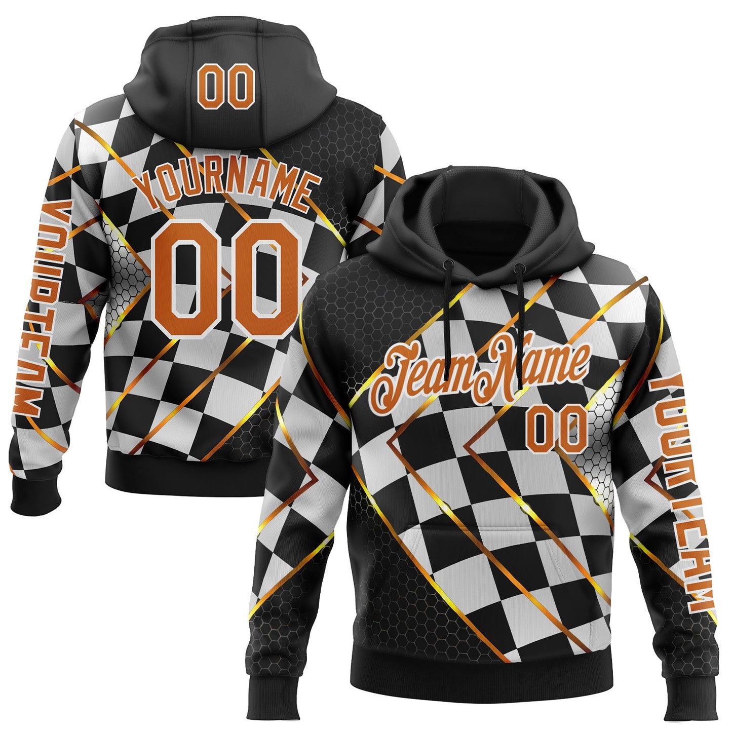 Custom Black Texas Orange Yellow-White 3D Pattern Design Formula Auto Car Racing Motorsport Sports Pullover Sweatshirt Hoodie - Main View