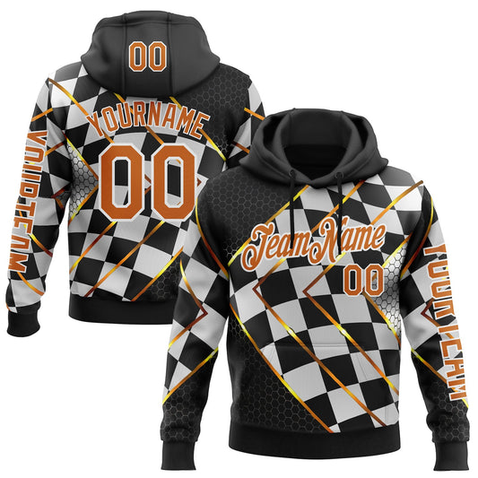 Custom Black Texas Orange Yellow-White 3D Pattern Design Formula Auto Car Racing Motorsport Sports Pullover Sweatshirt Hoodie - Main View