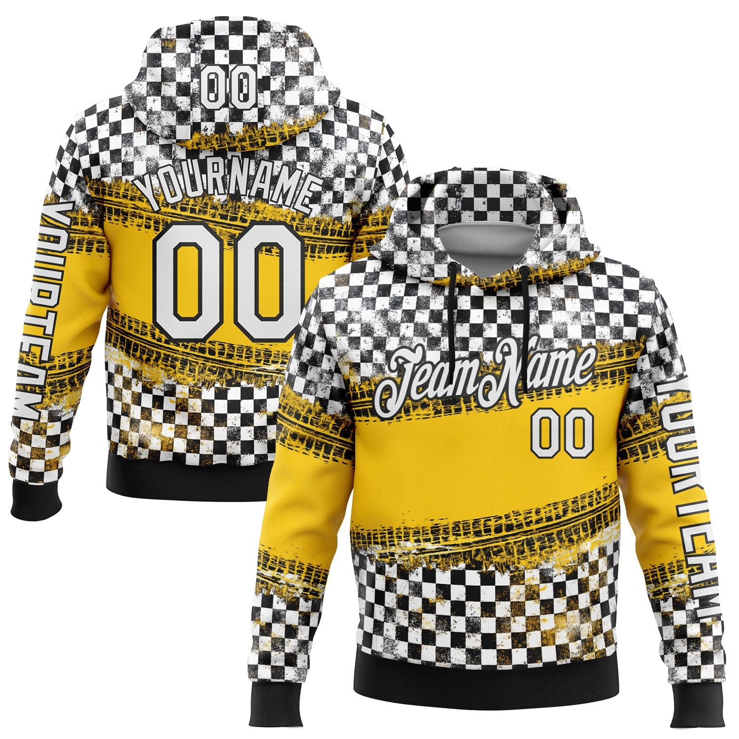 Custom Black White-Yellow 3D Pattern Design Formula Auto Car Racing Motorsport Sports Pullover Sweatshirt Hoodie - Main View