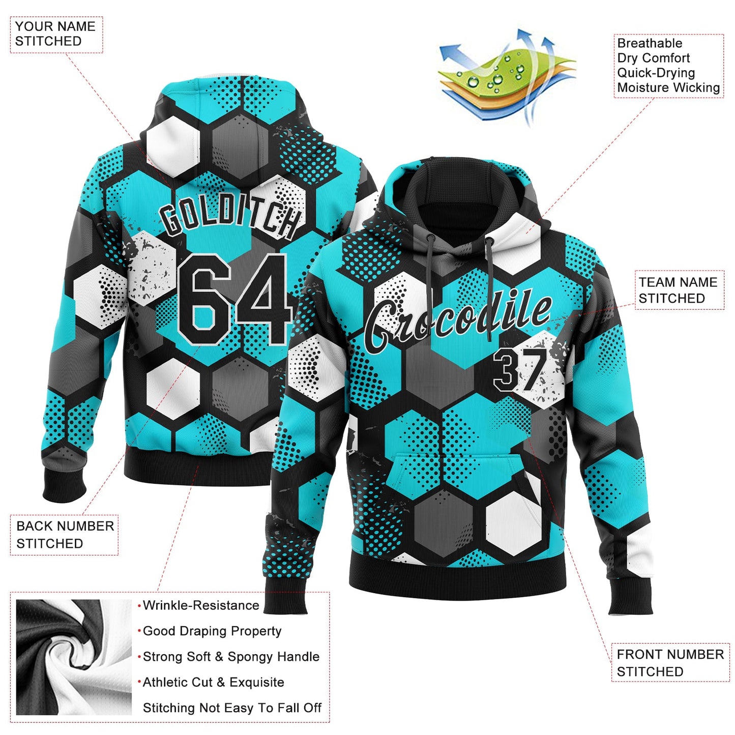 Custom Stitched Aqua Black-White 3D Pattern Design Sports Pullover Sweatshirt Hoodie view 2
