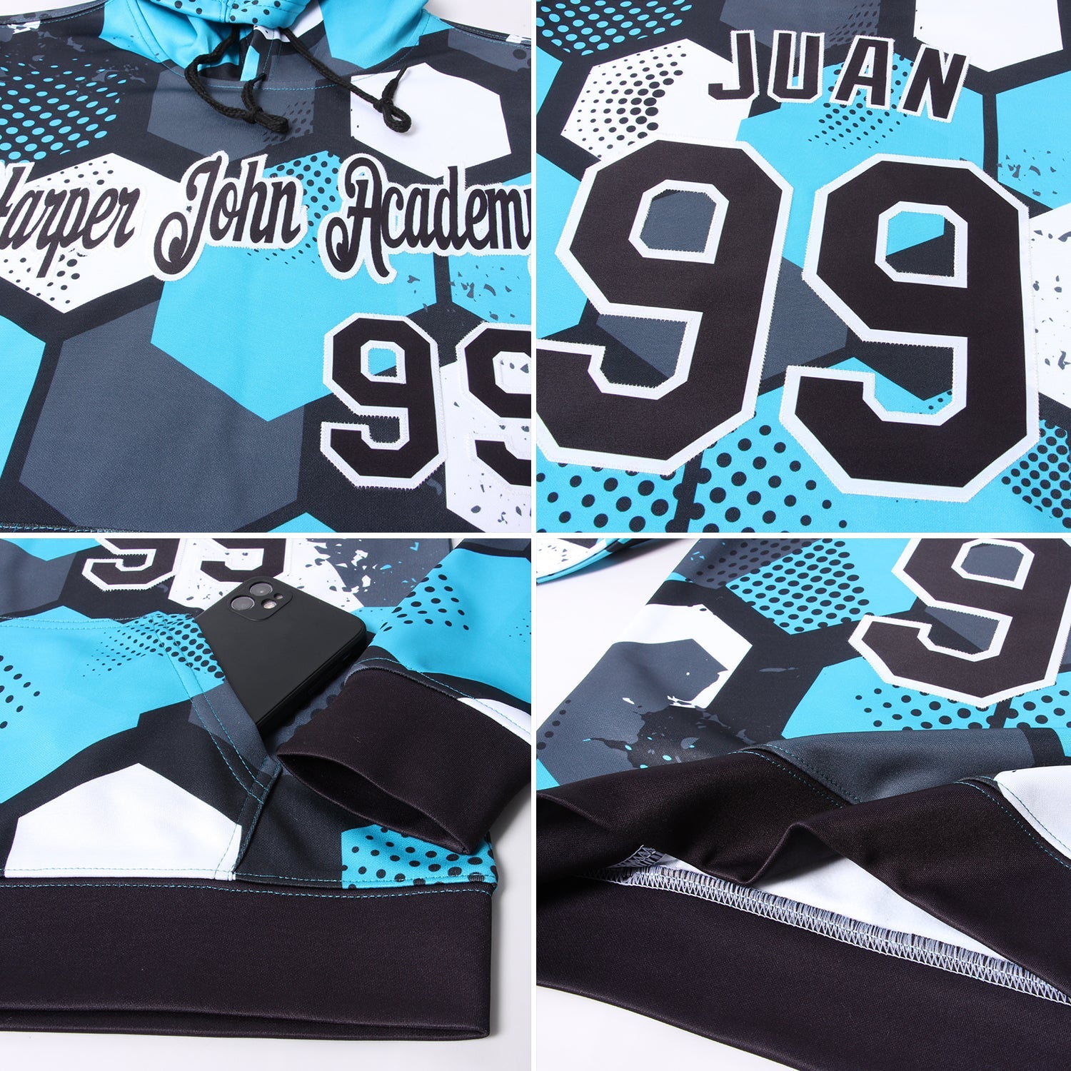 Custom Stitched Aqua Black-White 3D Pattern Design Sports Pullover Sweatshirt Hoodie view 5