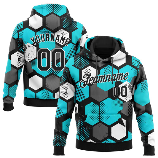Custom Stitched Aqua Black-White 3D Pattern Design Sports Pullover Sweatshirt Hoodie - Main View