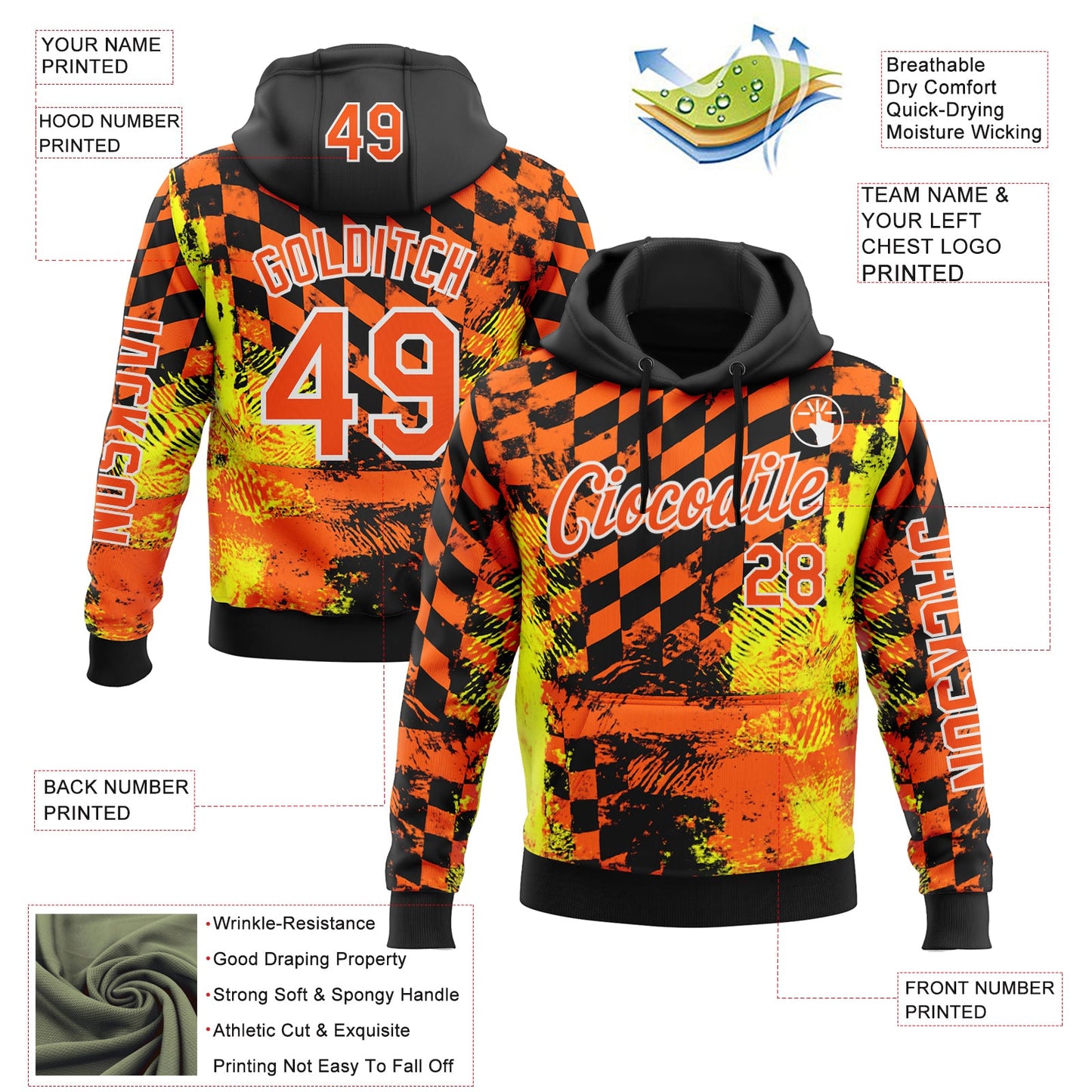 Custom Orange Yellow Black-White 3D Pattern Design Formula Auto Car Racing Motorsport Sports Pullover Sweatshirt Hoodie view 2