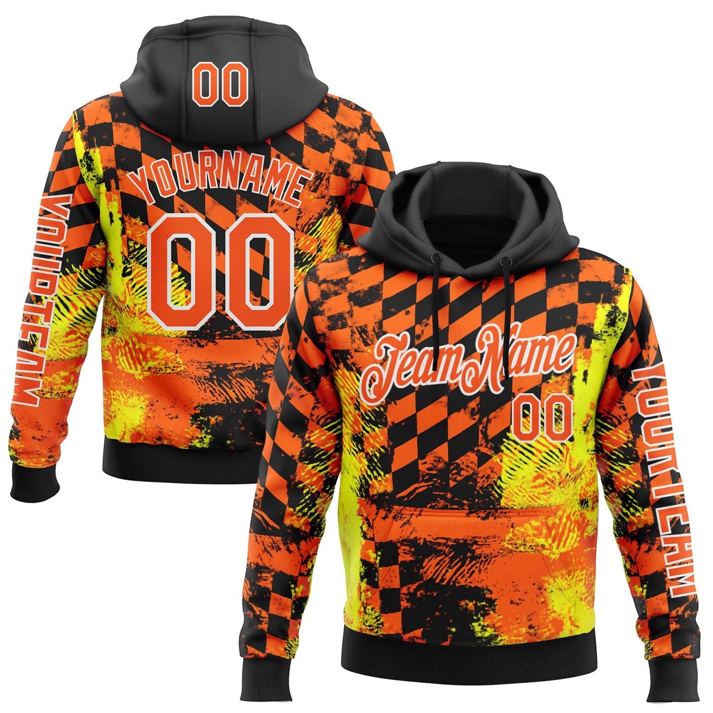 Custom Orange Yellow Black-White 3D Pattern Design Formula Auto Car Racing Motorsport Sports Pullover Sweatshirt Hoodie - Main View