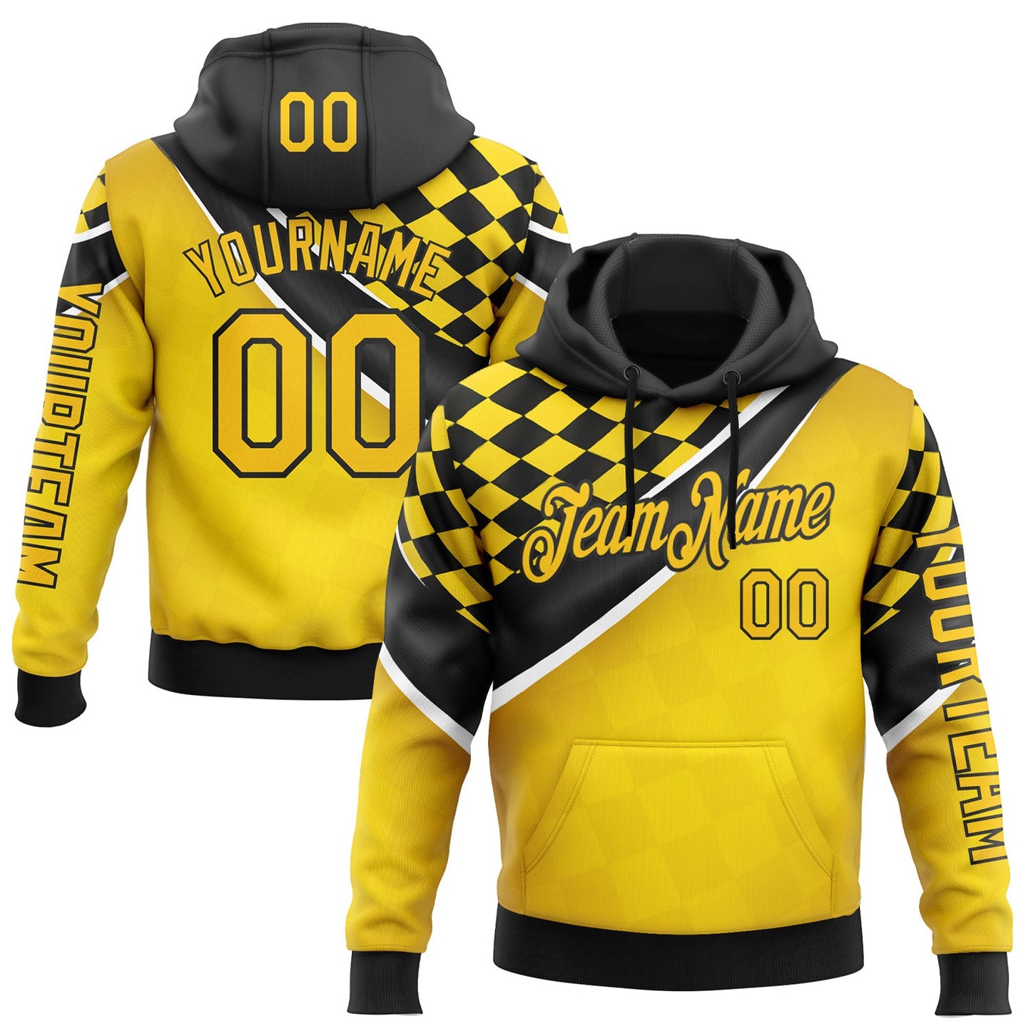 Custom Yellow Black-White 3D Pattern Design Formula Auto Car Racing Motorsport Sports Pullover Sweatshirt Hoodie - Main View