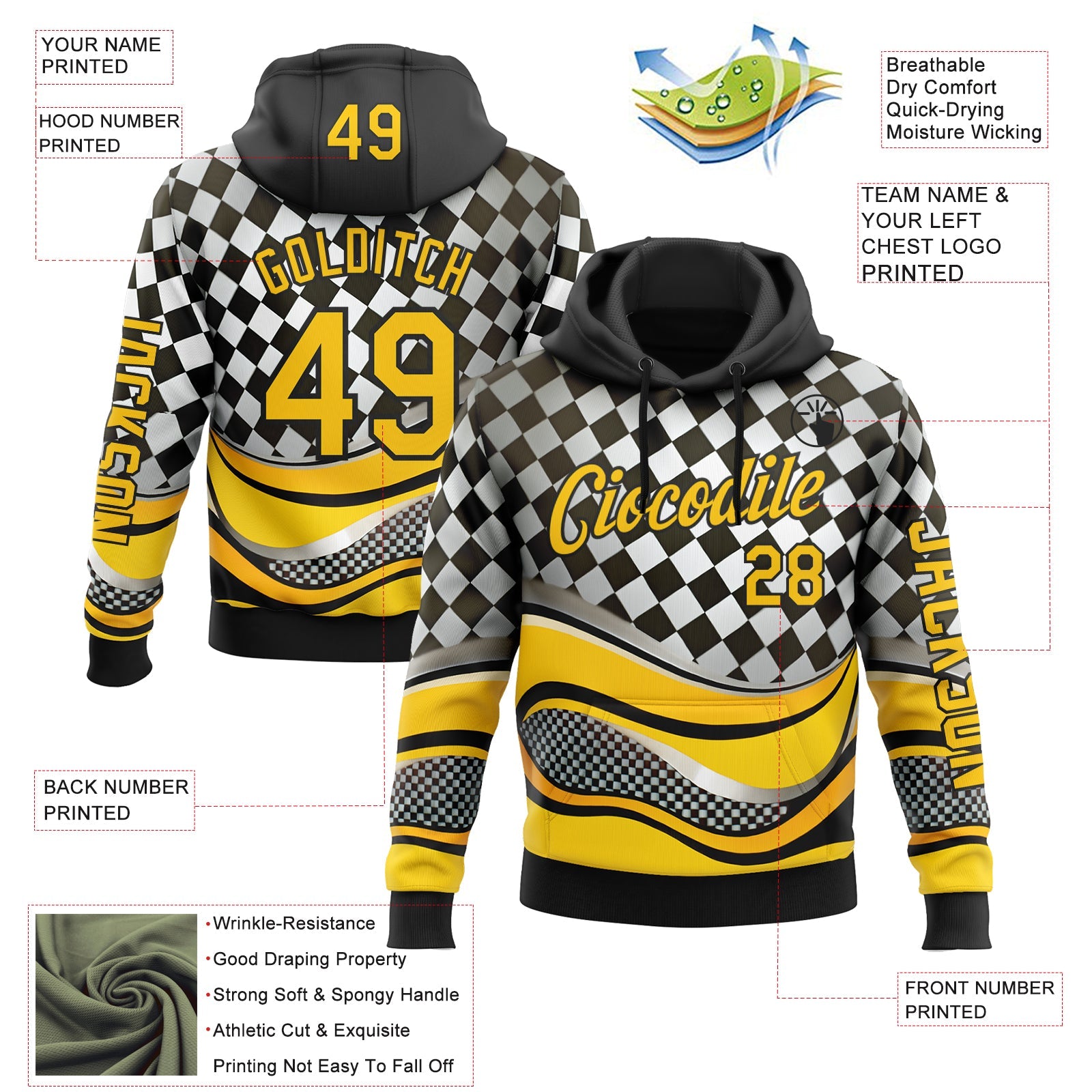 Custom Black Yellow-White 3D Pattern Design Formula Auto Car Racing Motorsport Sports Pullover Sweatshirt Hoodie view 2