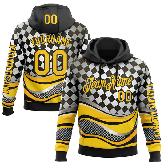 Custom Black Yellow-White 3D Pattern Design Formula Auto Car Racing Motorsport Sports Pullover Sweatshirt Hoodie - Main View