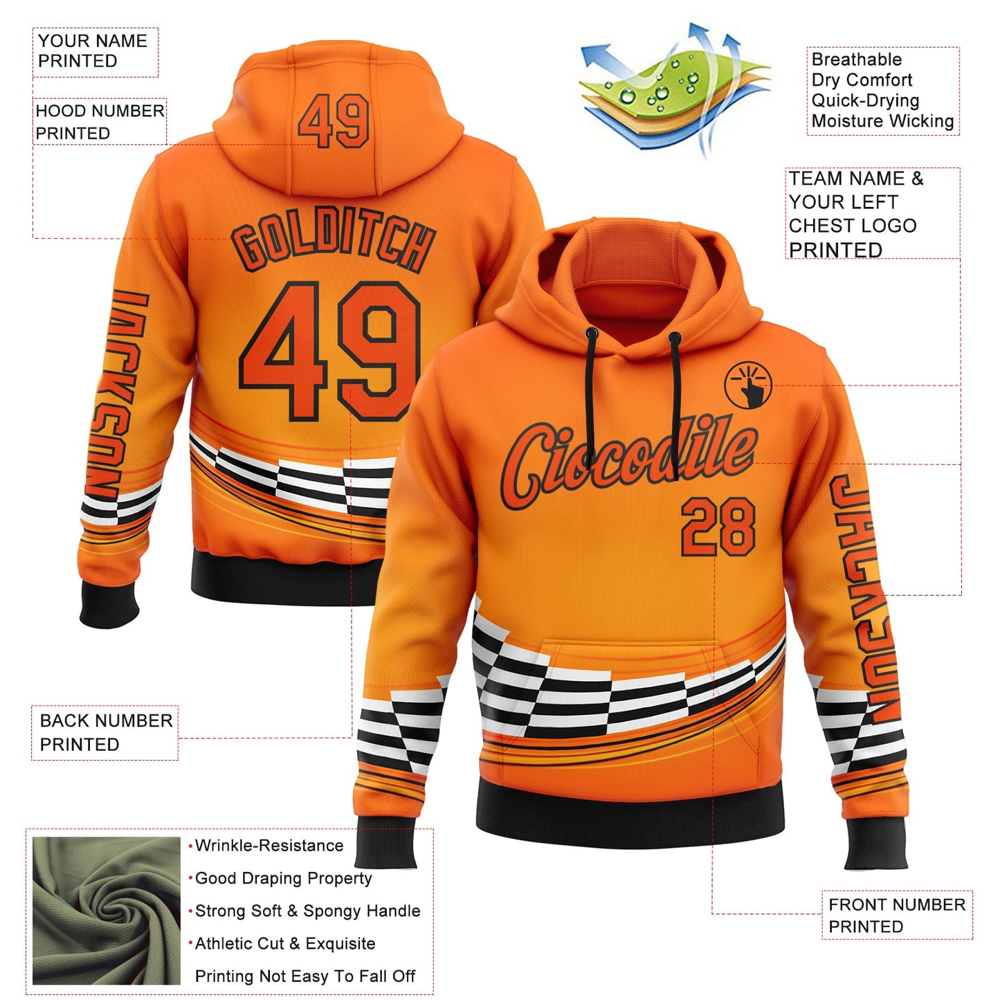 Custom Orange Black-White 3D Pattern Design Formula Auto Car Racing Motorsport Sports Pullover Sweatshirt Hoodie view 2