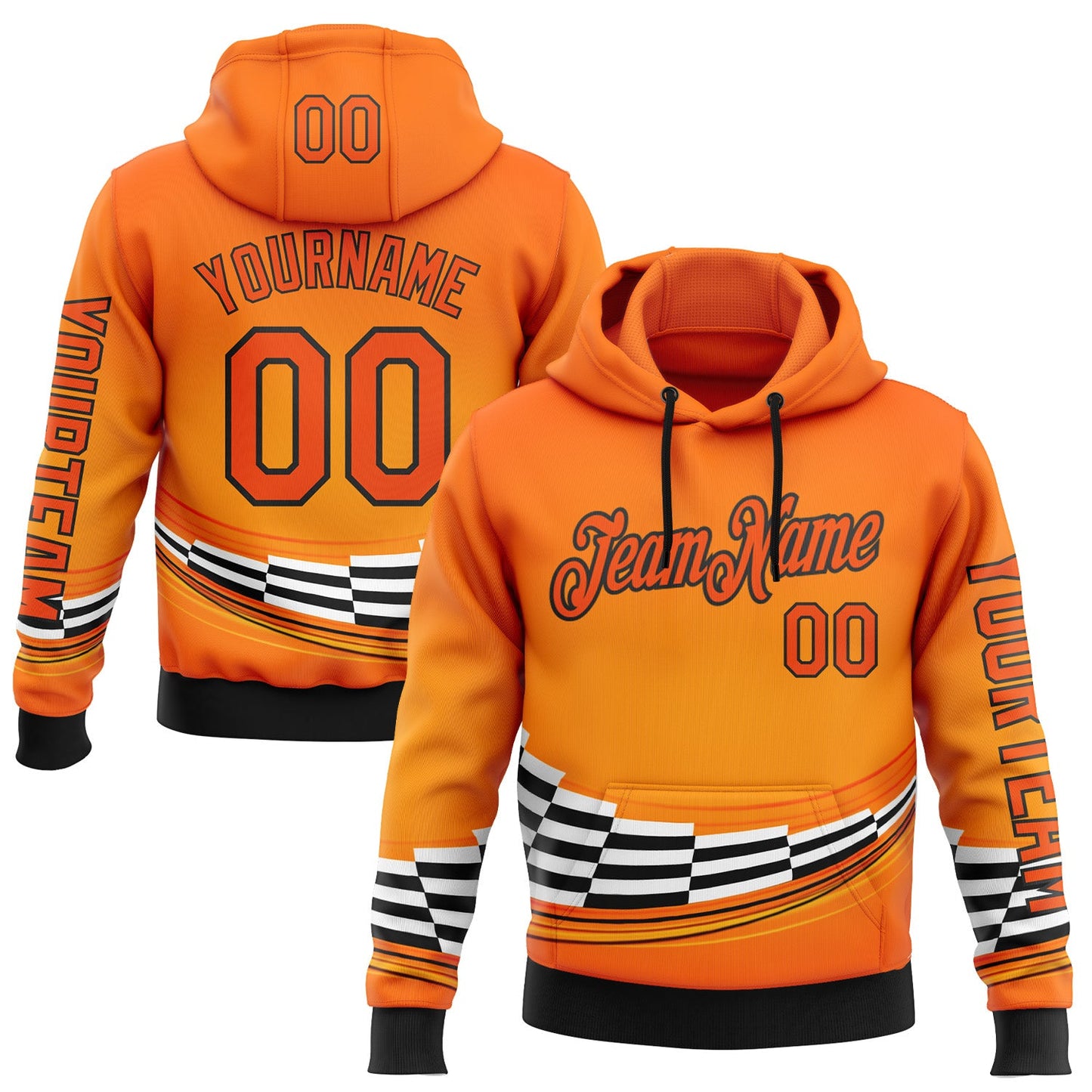 Custom Orange Black-White 3D Pattern Design Formula Auto Car Racing Motorsport Sports Pullover Sweatshirt Hoodie - Main View