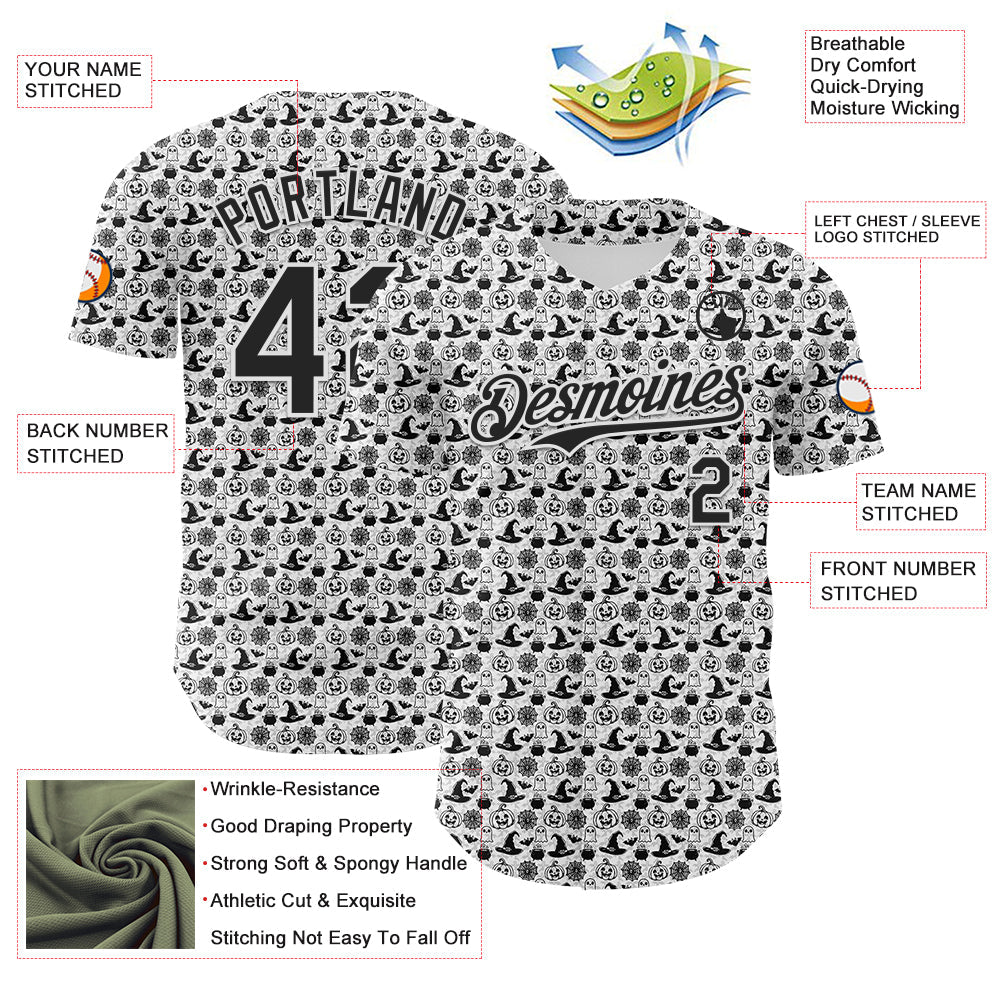 Custom White Black 3D Halloween Pumpkin Doodle Party Costume Ideas Authentic Baseball Jersey view 3