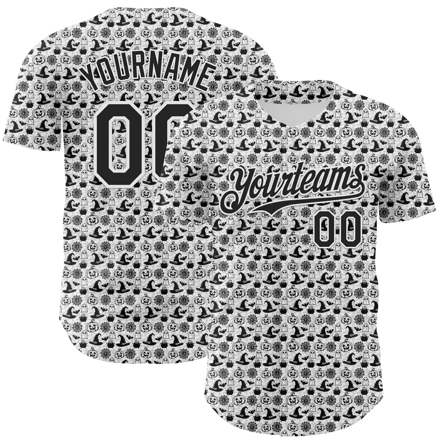 Custom White Black 3D Halloween Pumpkin Doodle Party Costume Ideas Authentic Baseball Jersey - Main View