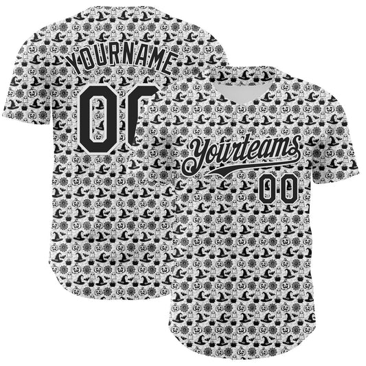 Custom White Black 3D Halloween Pumpkin Doodle Party Costume Ideas Authentic Baseball Jersey - Main View