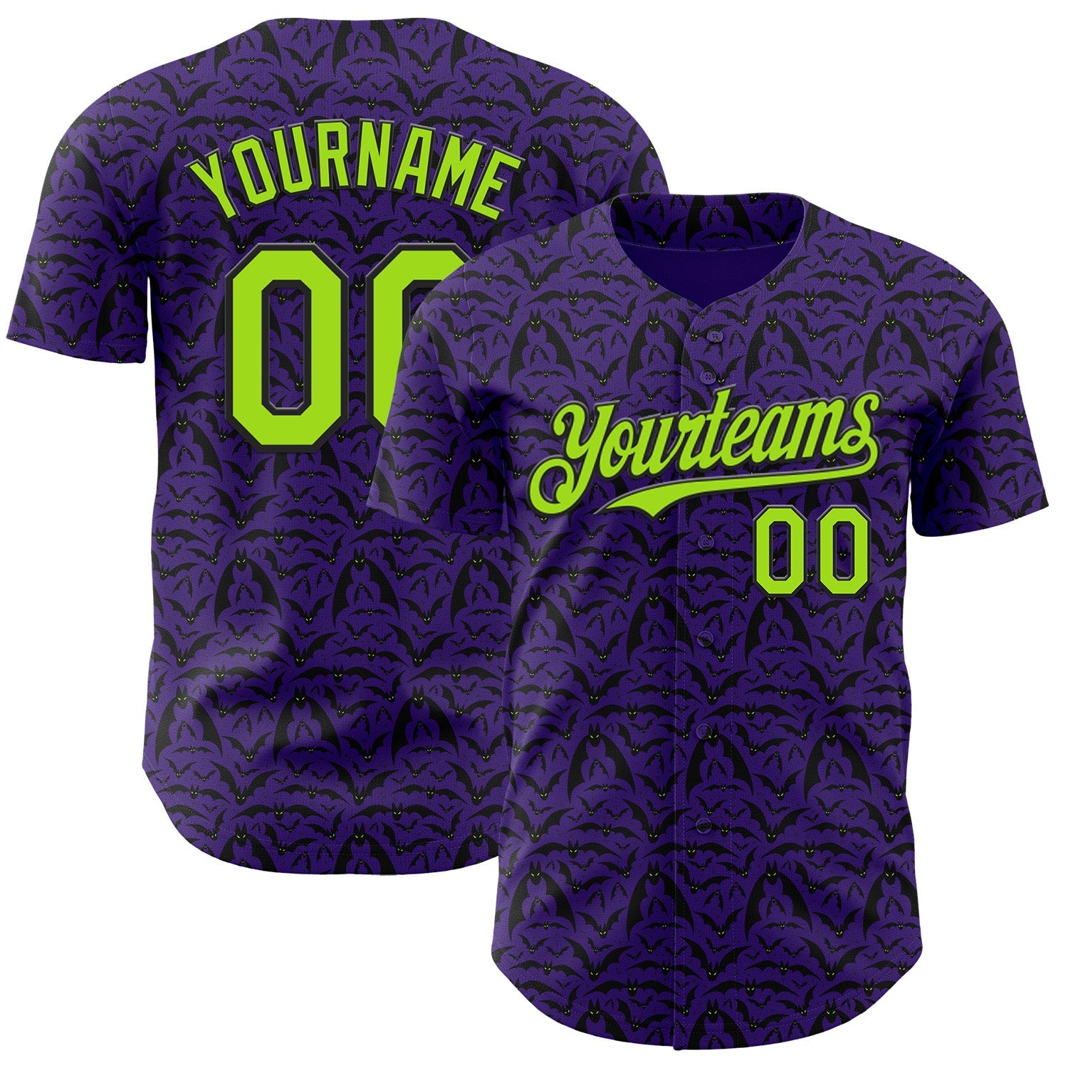 Custom Purple Neon Green-Black 3D Halloween Bat Party Costume Ideas Authentic Baseball Jersey - Main View