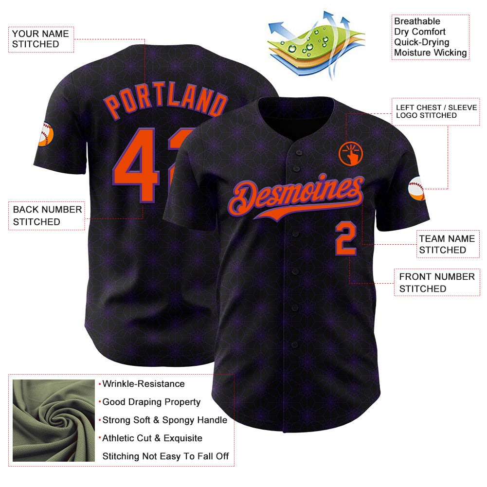 Custom Black Orange-Purple 3D Halloween Spider Net Party Costume Ideas Authentic Baseball Jersey view 3