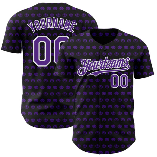 Custom Black Purple-White 3D Halloween Pumpkin Party Costume Ideas Authentic Baseball Jersey - Main View