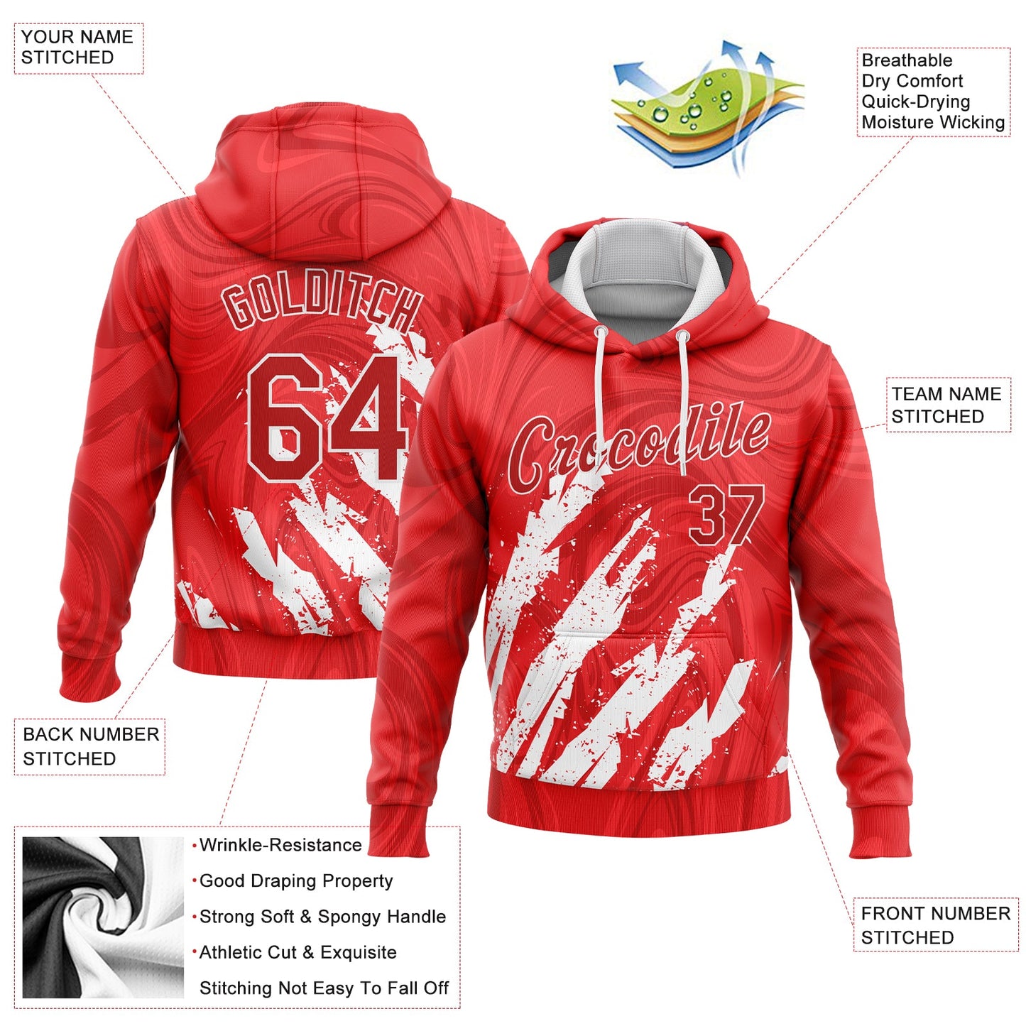 Custom Stitched Red Red-White 3D Pattern Design Sports Pullover Sweatshirt Hoodie view 2